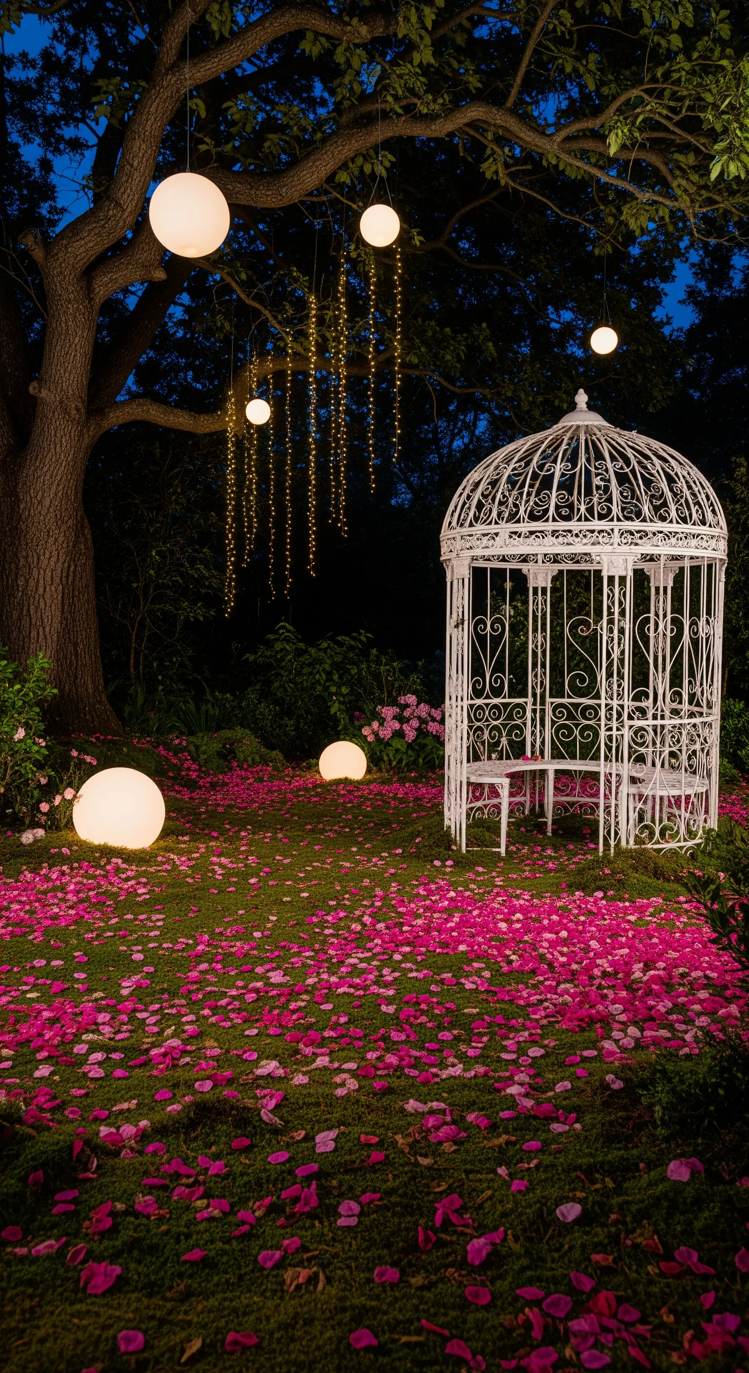 Gazebo in ferro battuto bianco di notte, con sfere luminose a terra e petali fucsia.