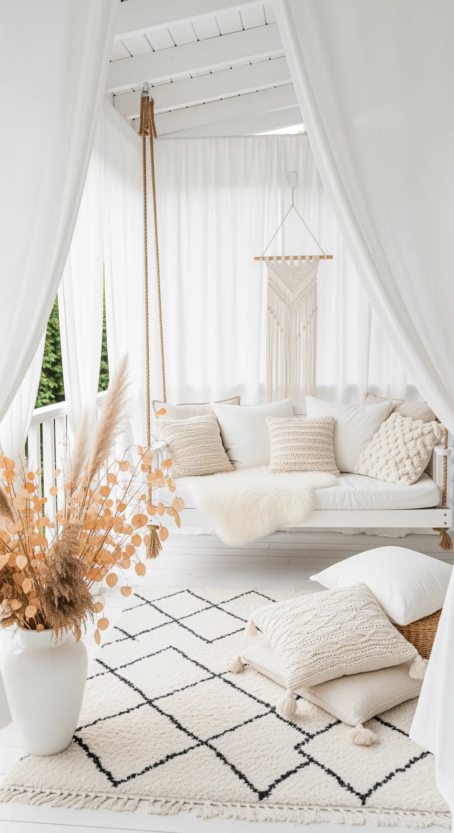 Veranda total white con dondolo, cuscini materici in macramè e pampas essiccate.