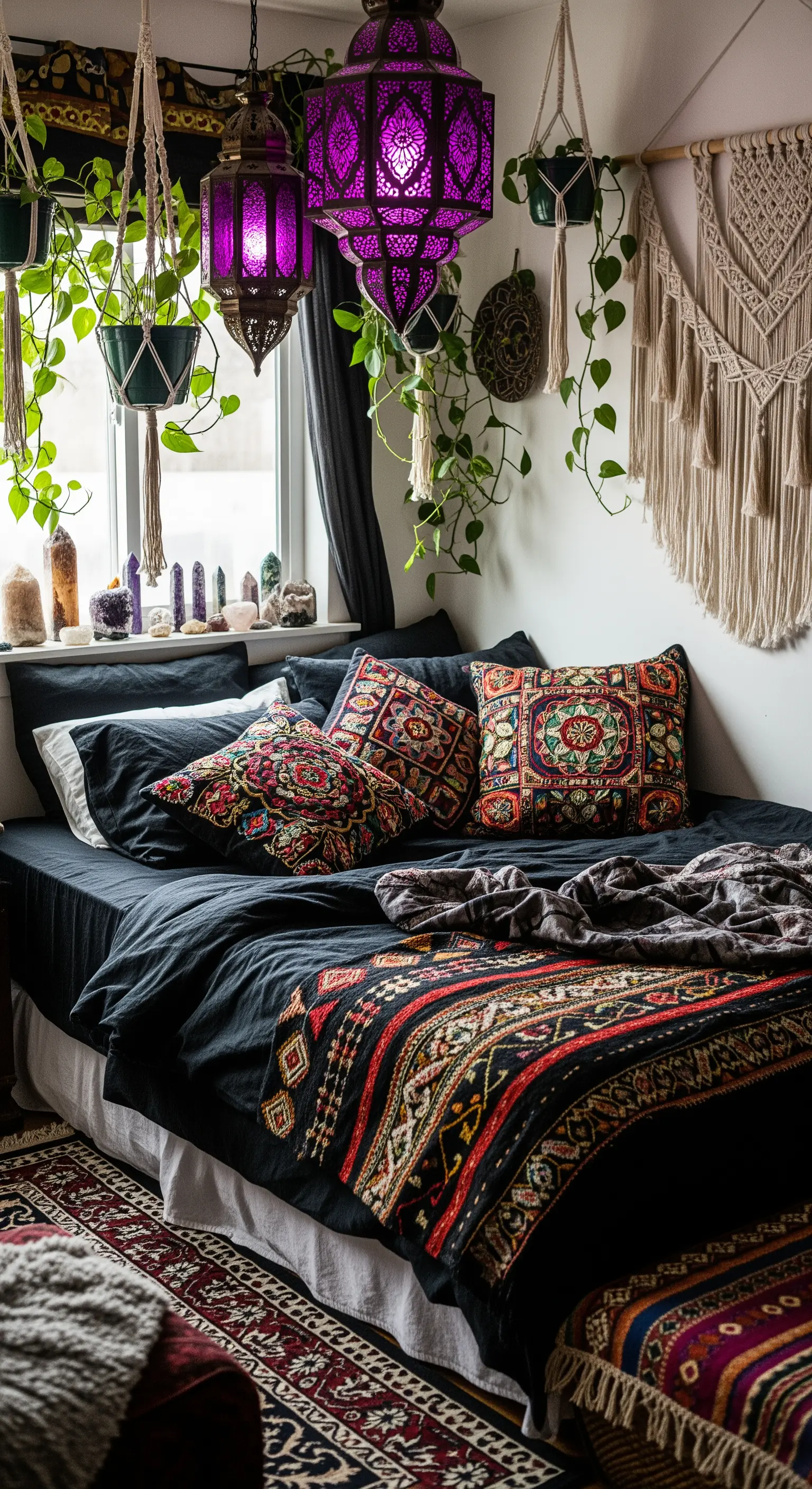 Letto con lenzuola nere, cuscini etnici e una lanterna marocchina viola sospesa.