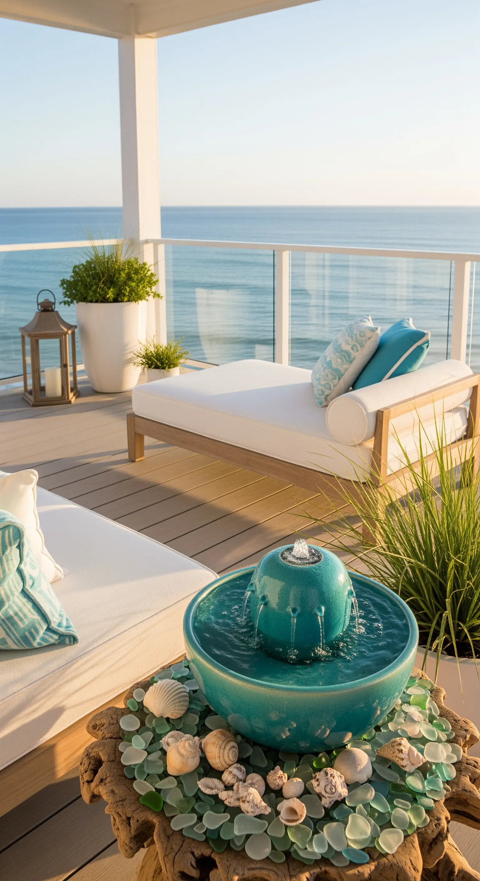 Balcone vista mare con lettino in teak, fontana turchese e conchiglie decorative.
