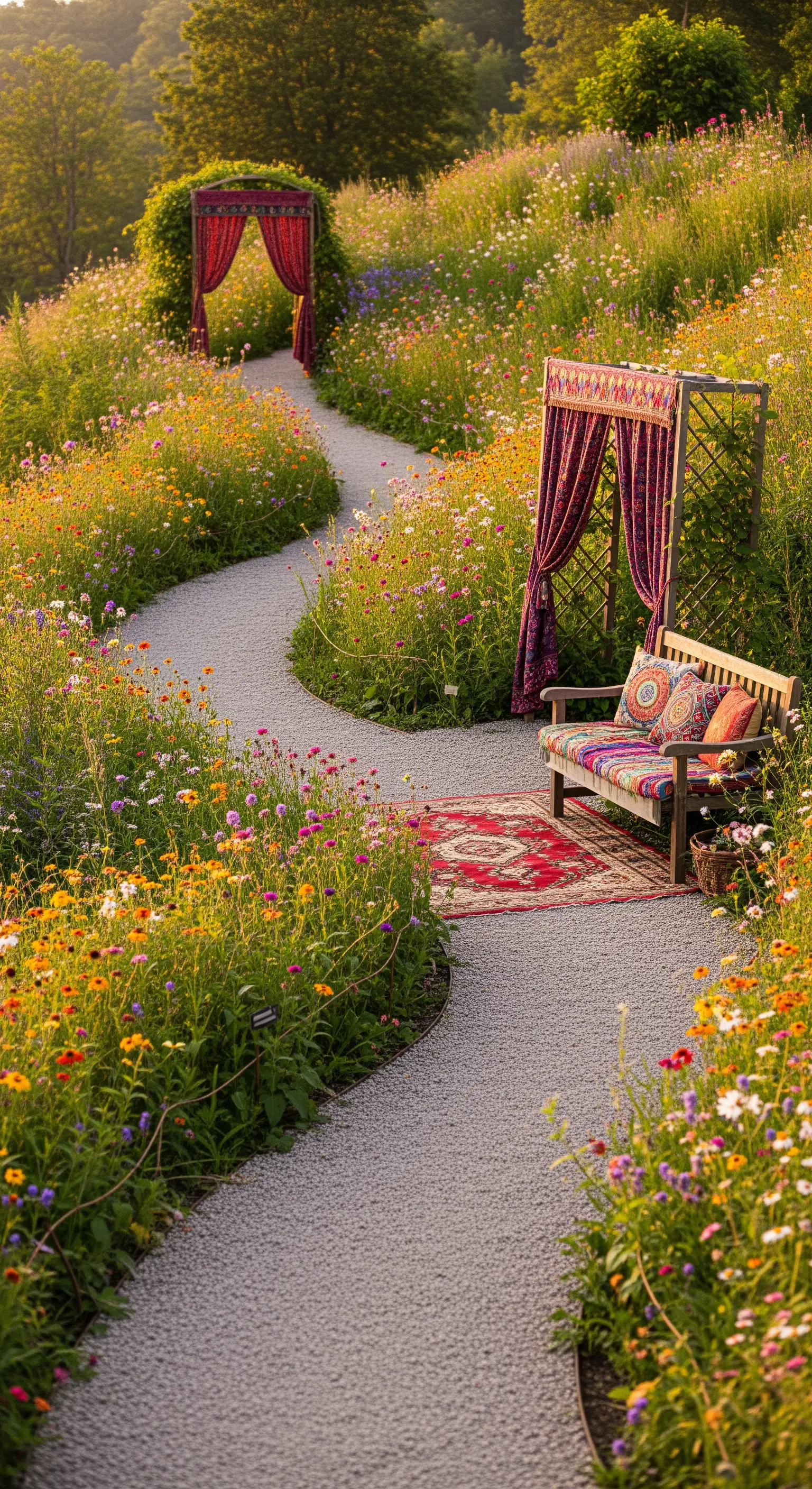 Sentiero in un giardino di fiori selvatici con una panca e una pergola con tende rosse.