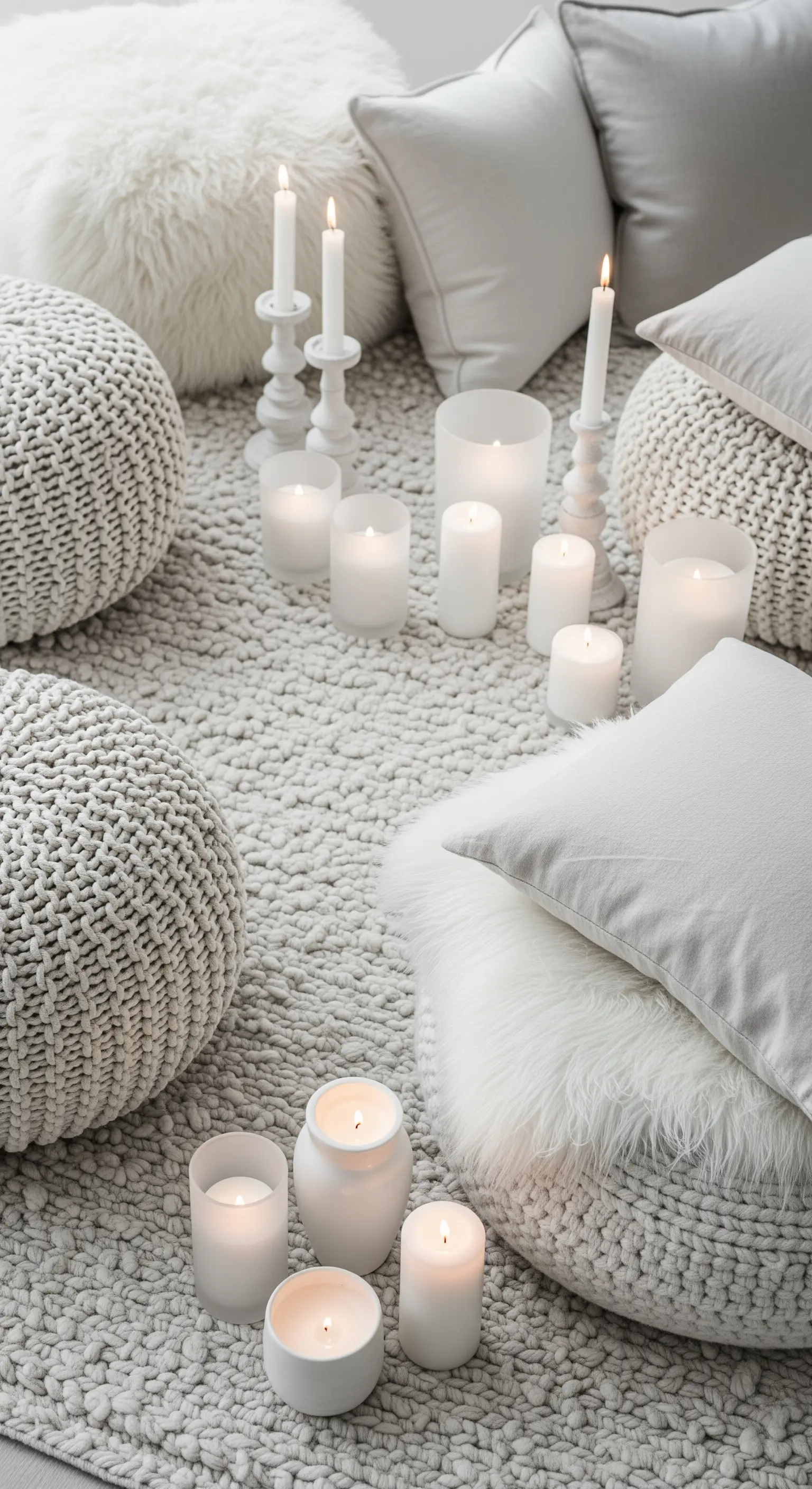 Spazio a terra allestito in total white con tappeto, cuscini e pouf di diverse texture.
