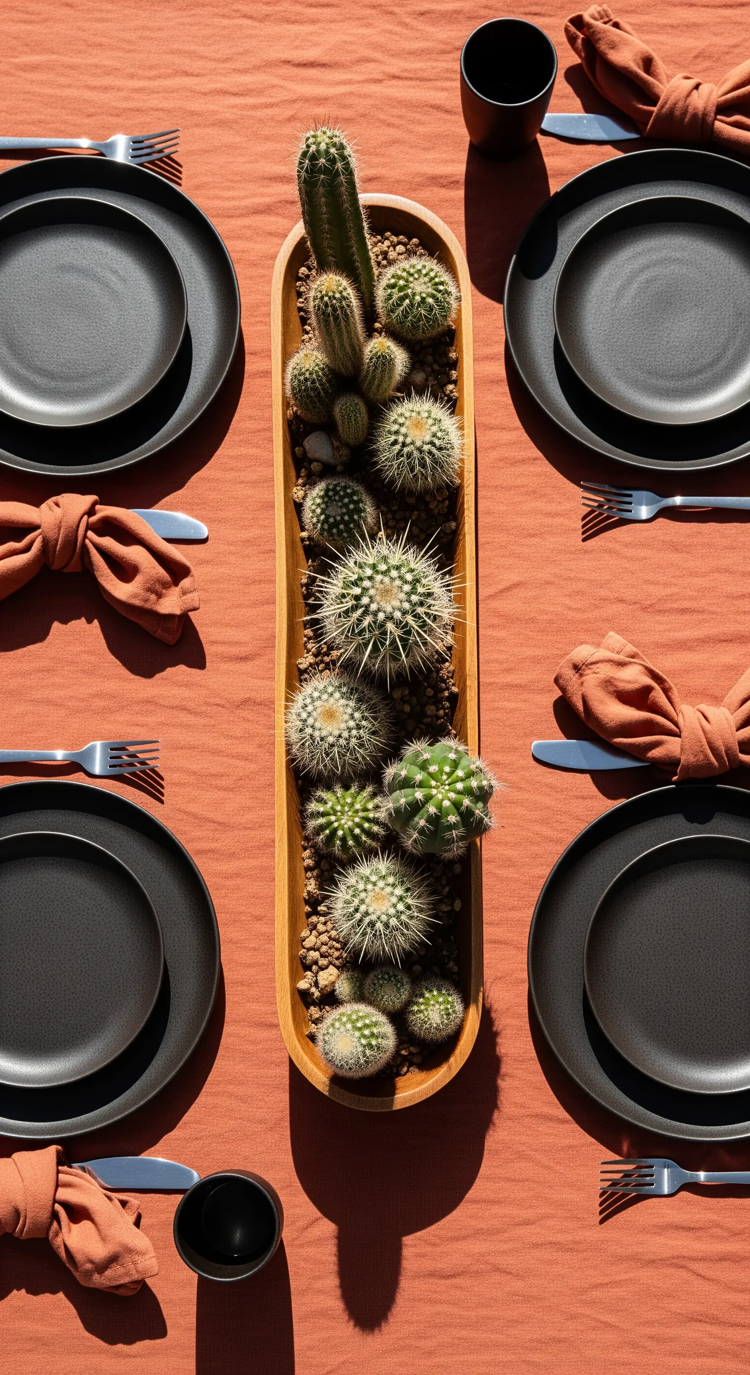 Tavola color terracotta con piatti neri e un lungo centrotavola con cactus