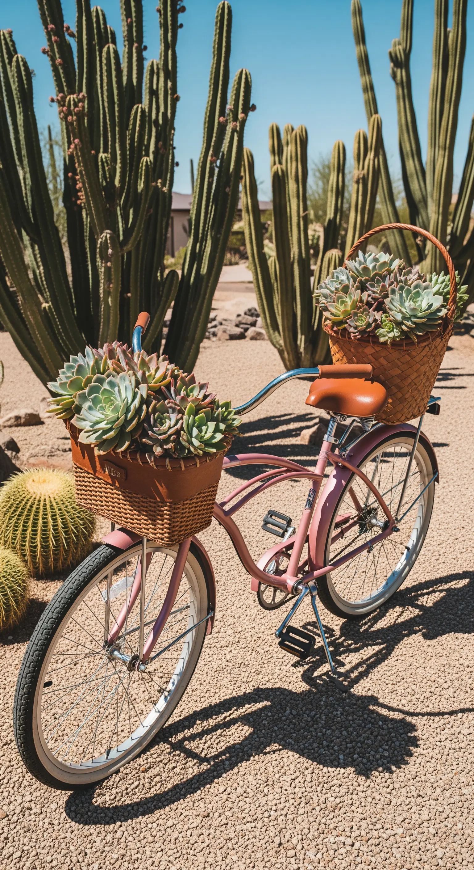 Bicicletta rosa con cesti di vimini pieni di piante grasse e succulente in un giardino desertico.