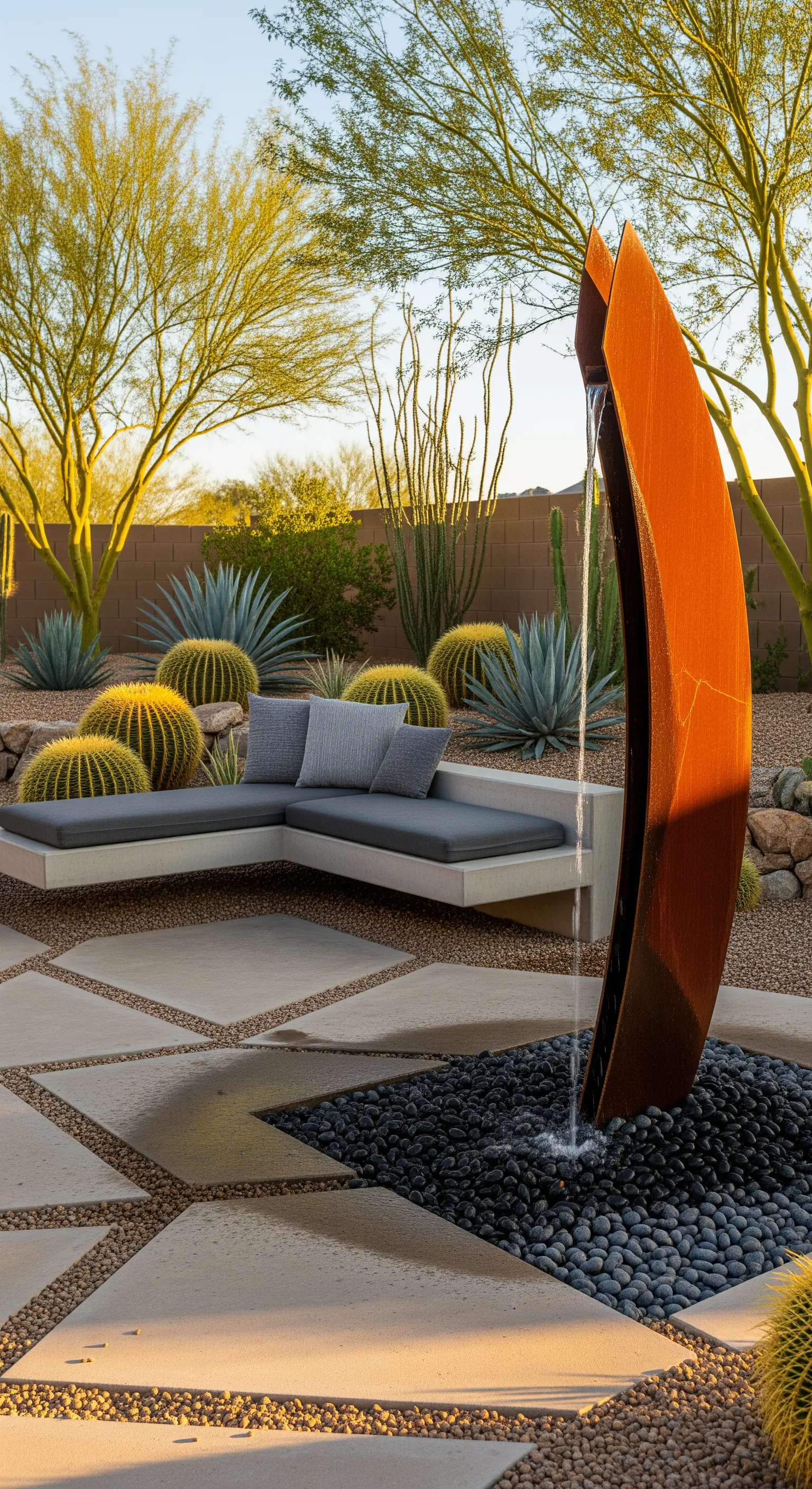 Giardino desertico con panca in cemento, fontana in acciaio Corten e cactus sferici
