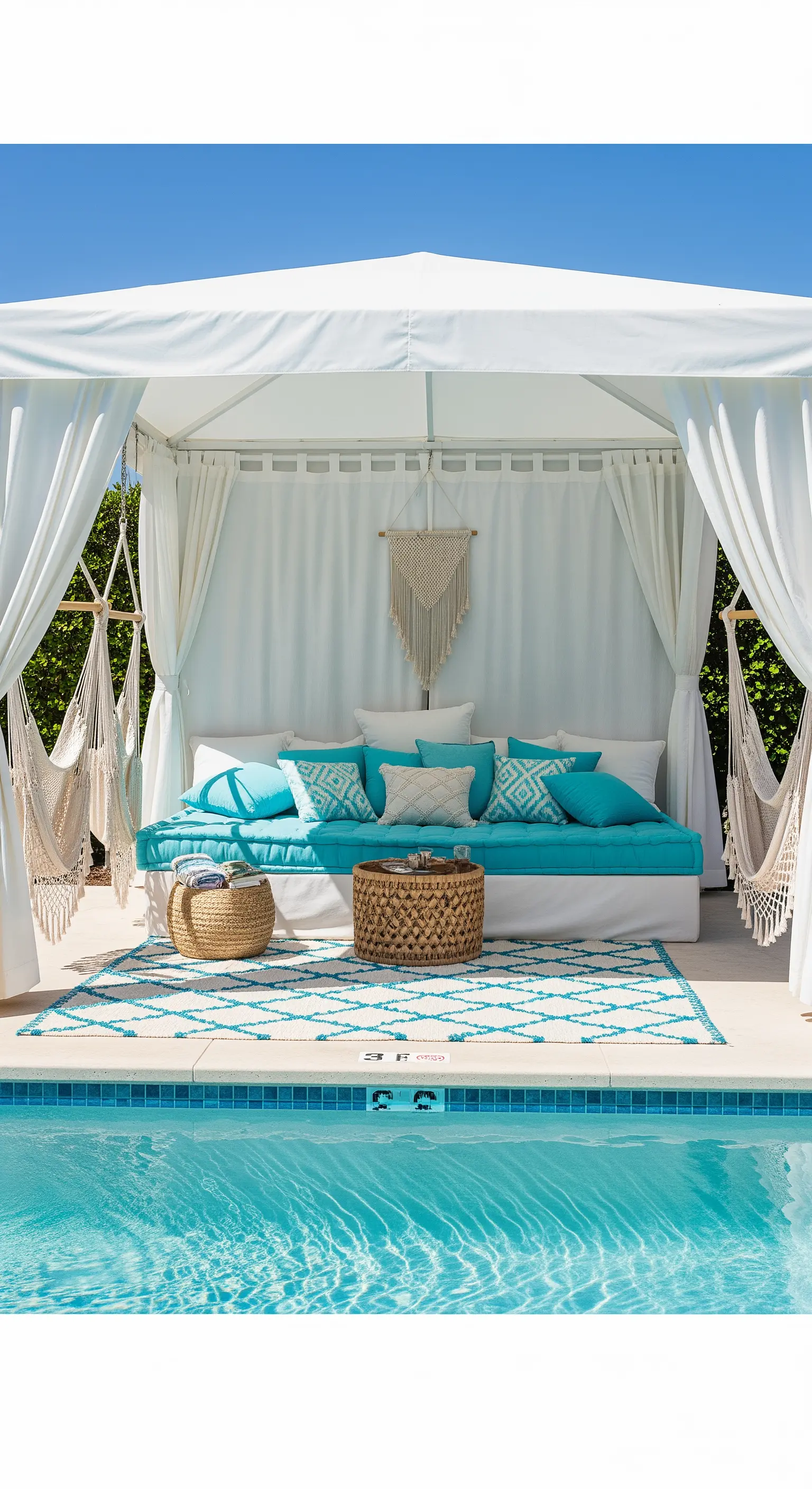 Cabana a bordo piscina con tende bianche, grande daybed con cuscini turchesi e tappeto etnico.