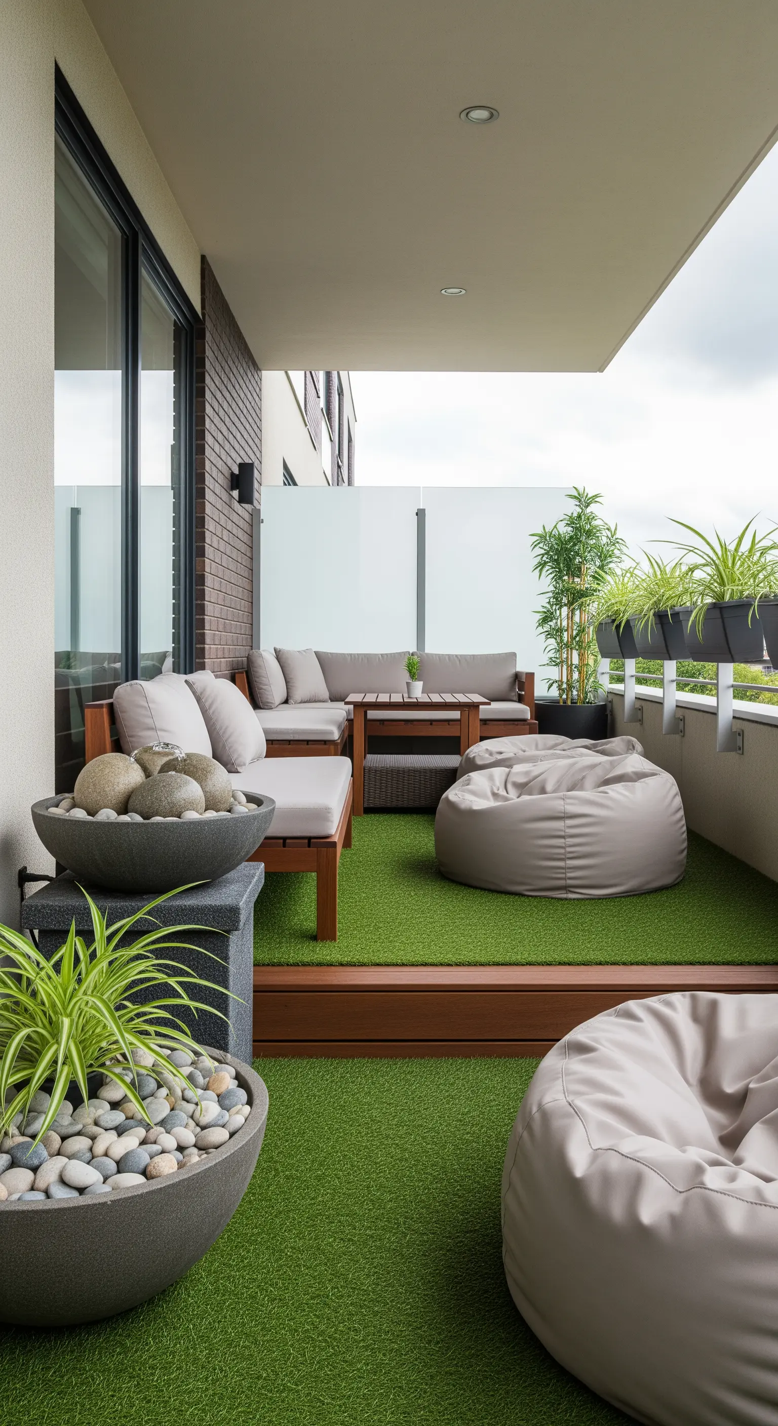 Balcone accogliente con prato sintetico, divano, pouf e diverse fontane in pietra.