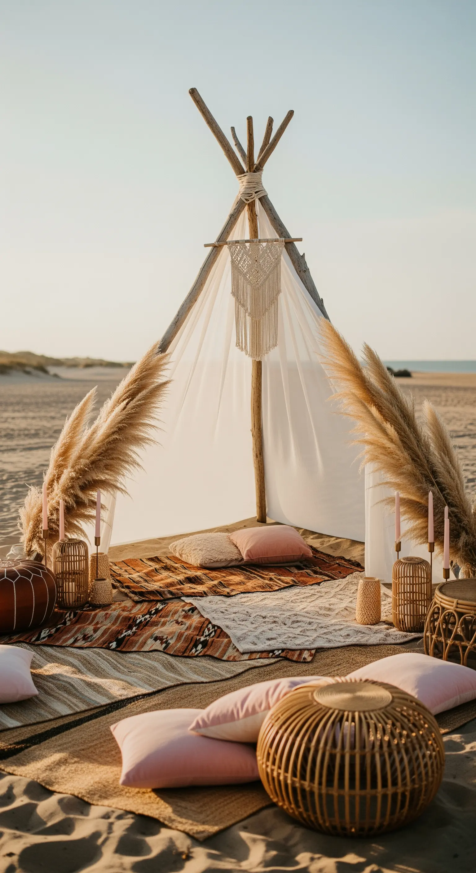 Tenda teepee boho sulla spiaggia al tramonto, decorata con pampas grass e tappeti kilim.