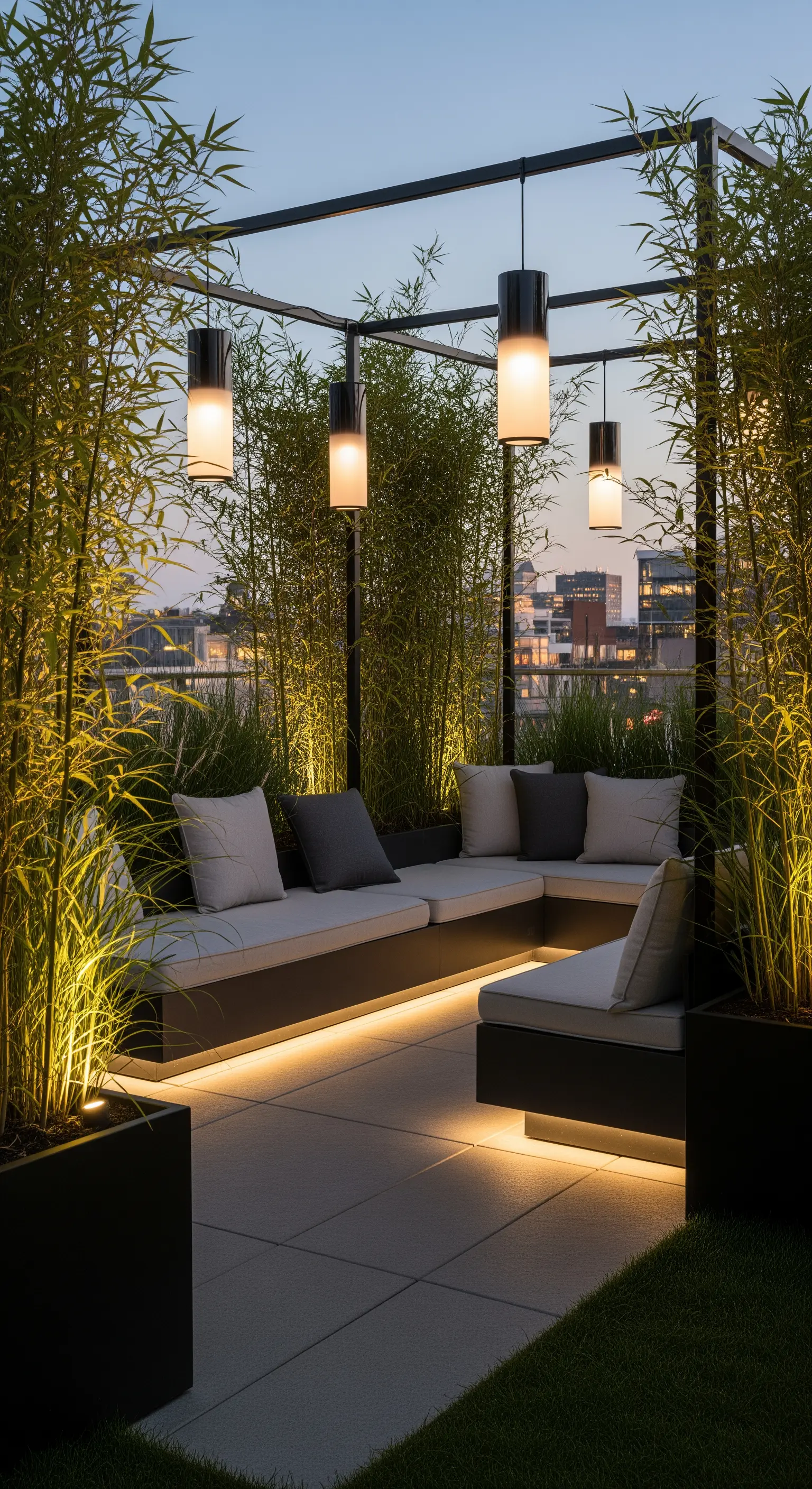 Terrazza moderna con divano a L, illuminazione a LED integrata e piante di bambù illuminate.