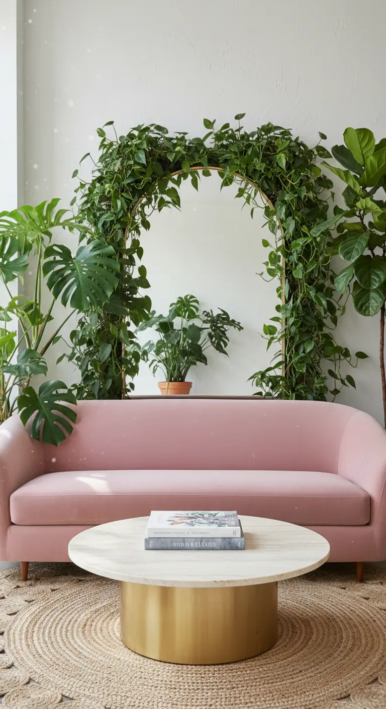 Specchio ad arco con cornice dorata, avvolto da piante rampicanti, dietro un divano rosa.