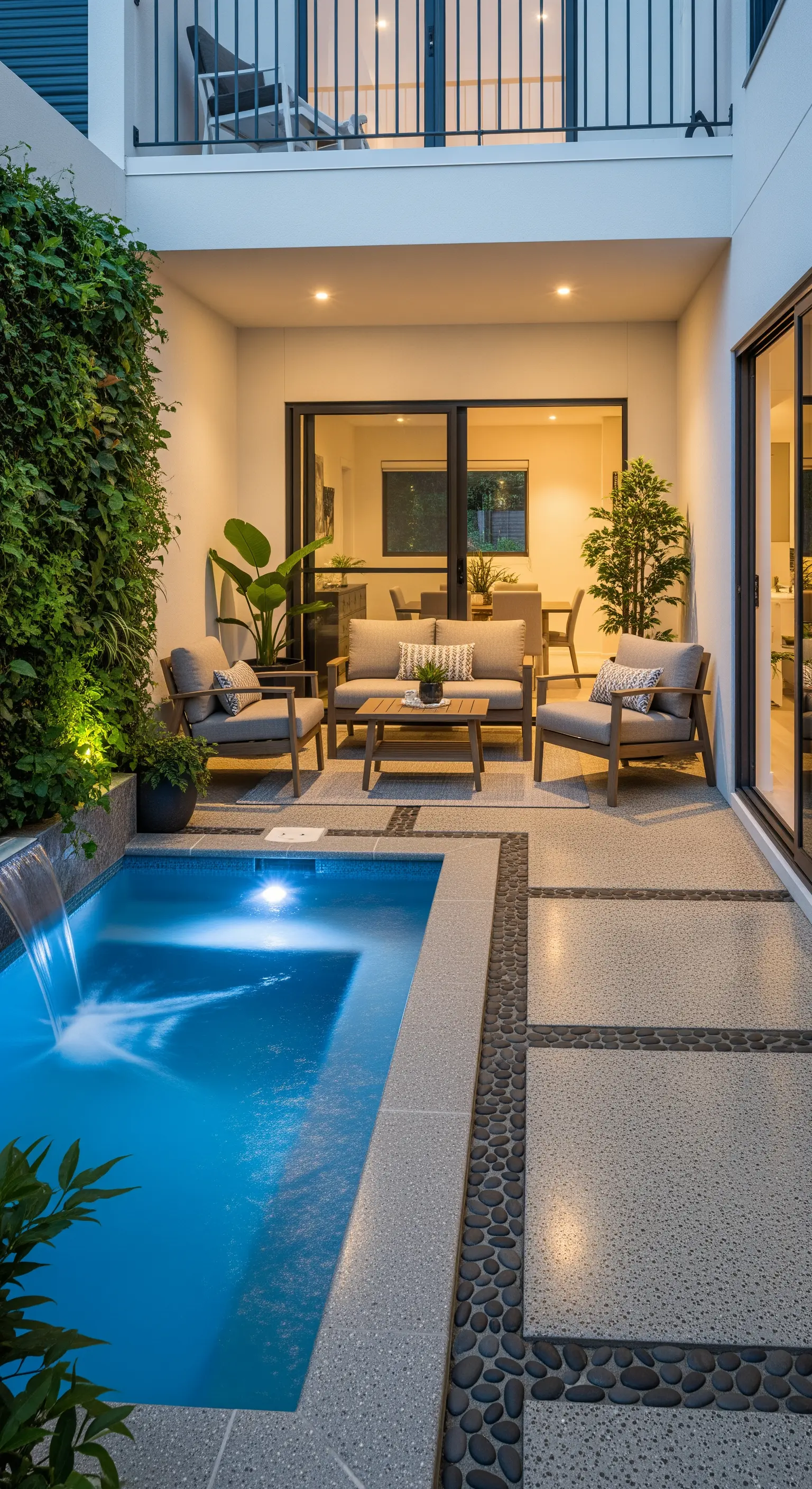 Piccolo patio con piscina, parete verde verticale e arredi moderni in legno.