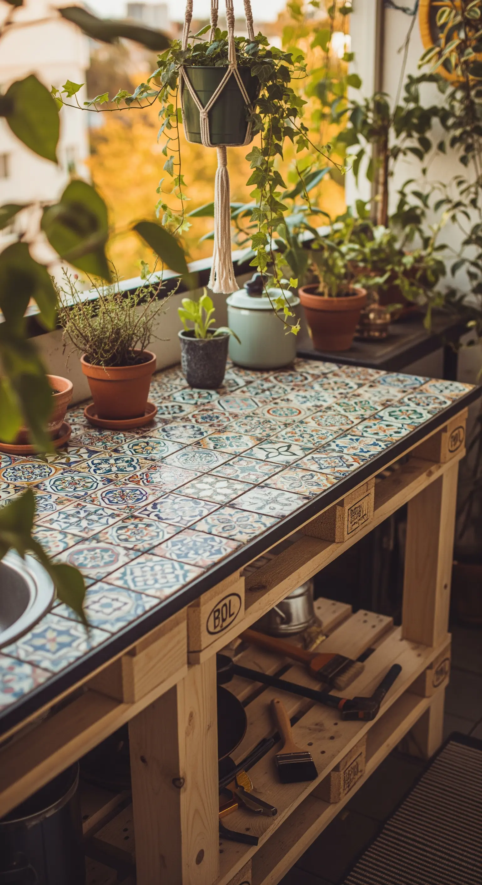 Banco da lavoro per balcone realizzato con pallet, piano piastrellato colorato e piante pensili.