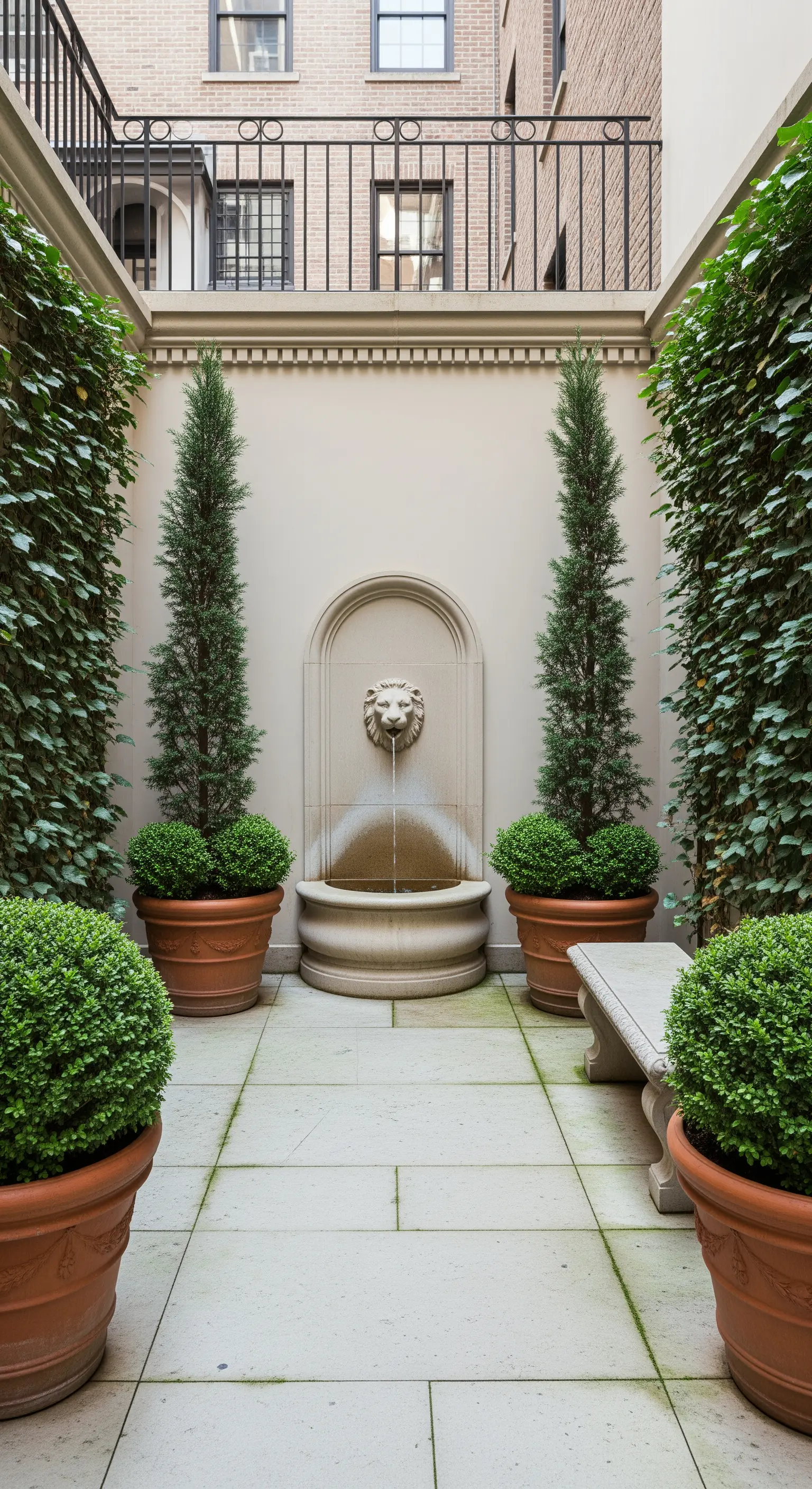 Cortile urbano stretto con fontana a muro, cipressi in vaso e alte pareti di edera.