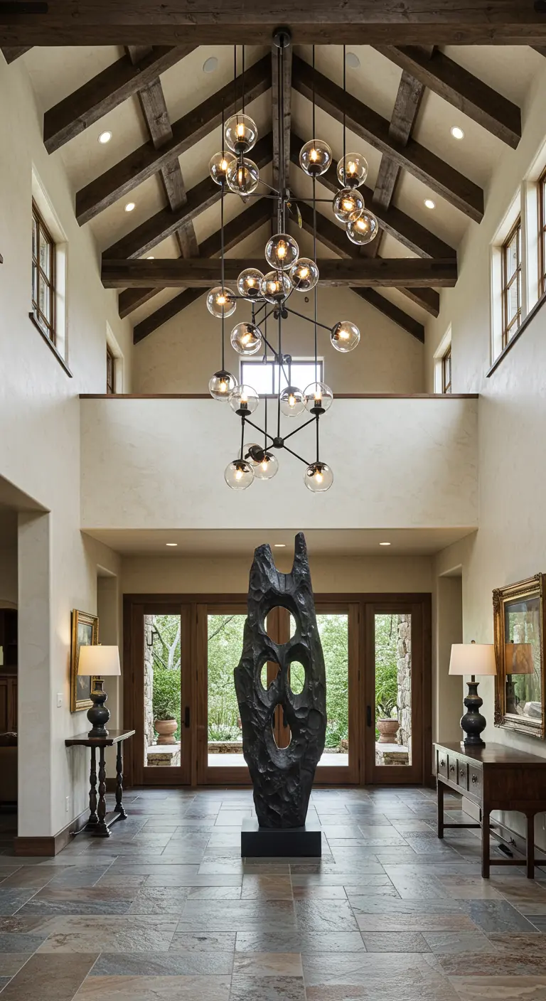 Ingresso a doppia altezza con grande scultura moderna e un lampadario a grappolo.
