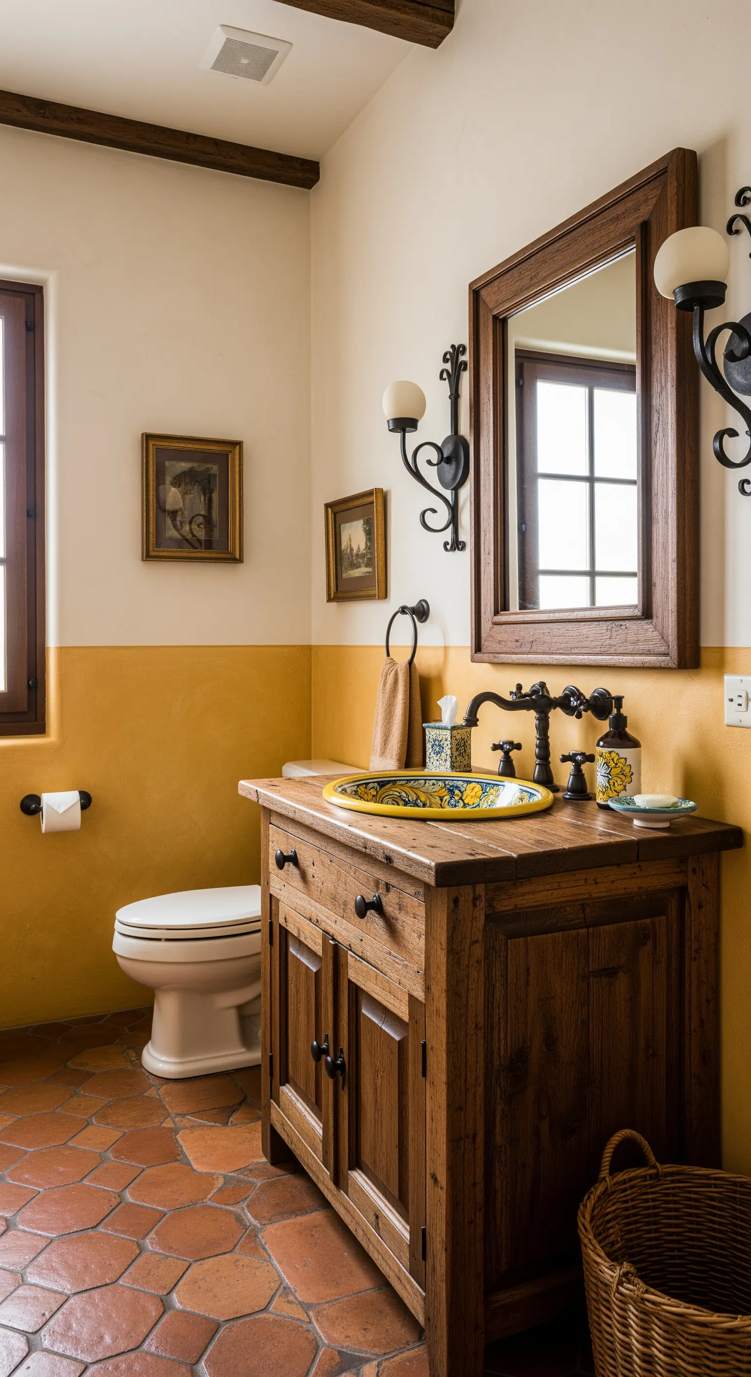 Bagno in stile mediterraneo con parete ocra, mobile rustico e pavimento in cotto.