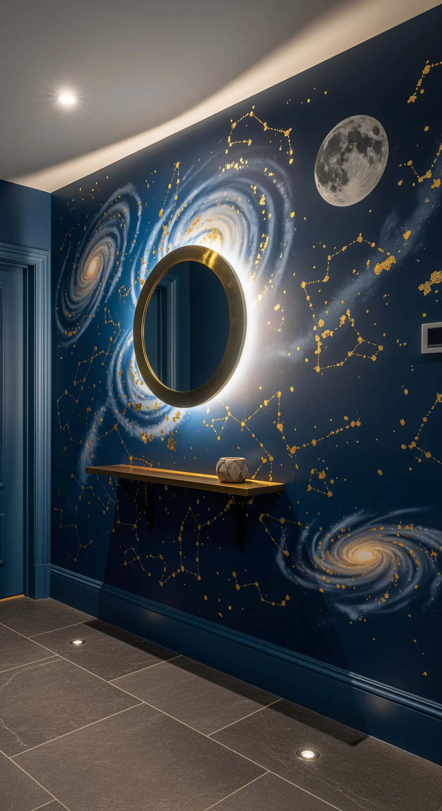 Ingresso blu scuro con murale di galassie e stelle dorate, con specchio rotondo retroilluminato.