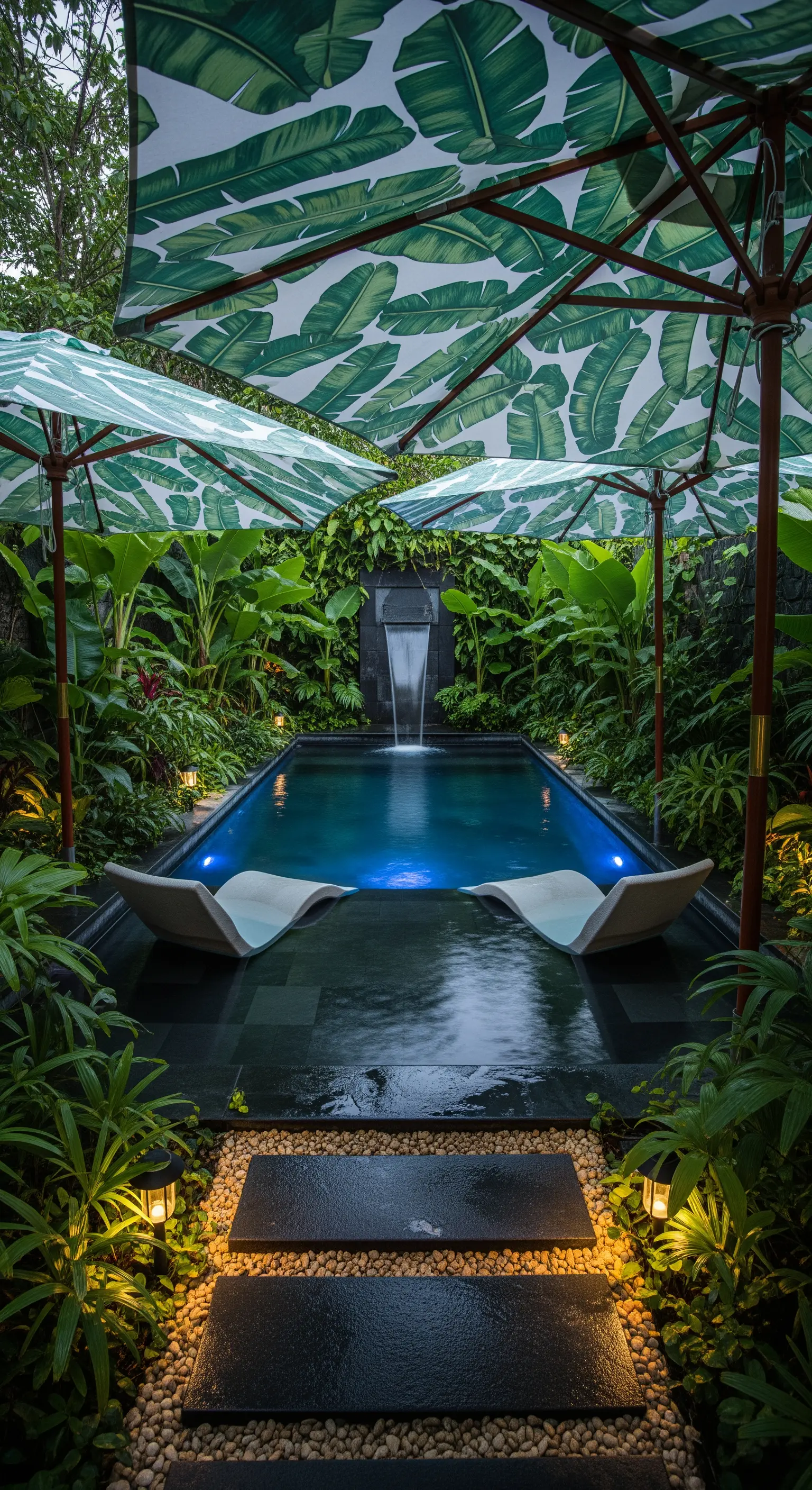 Piscina circondata dal verde con ombrelloni a fantasia di foglie di banano.