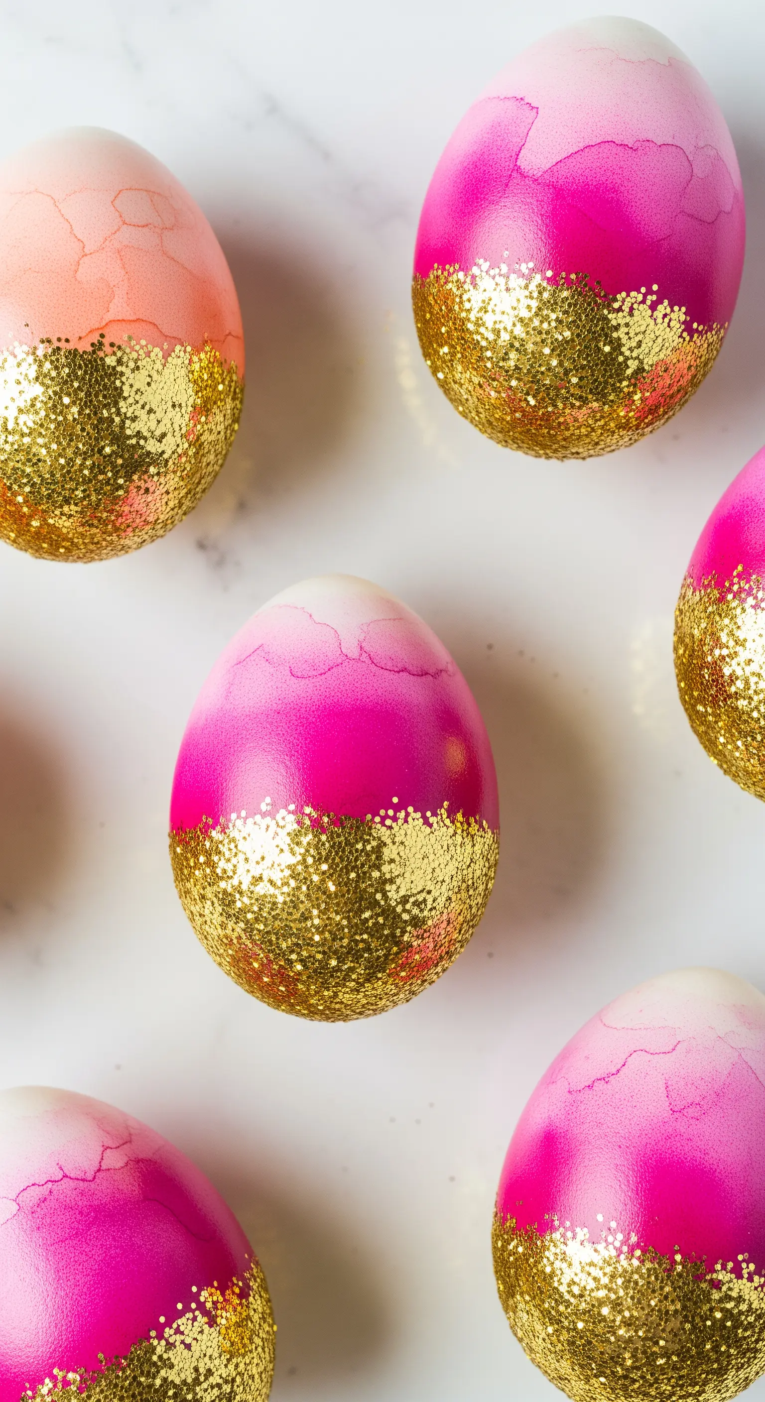 Uova di Pasqua con un effetto ombré fucsia e una base ricoperta di glitter dorato.