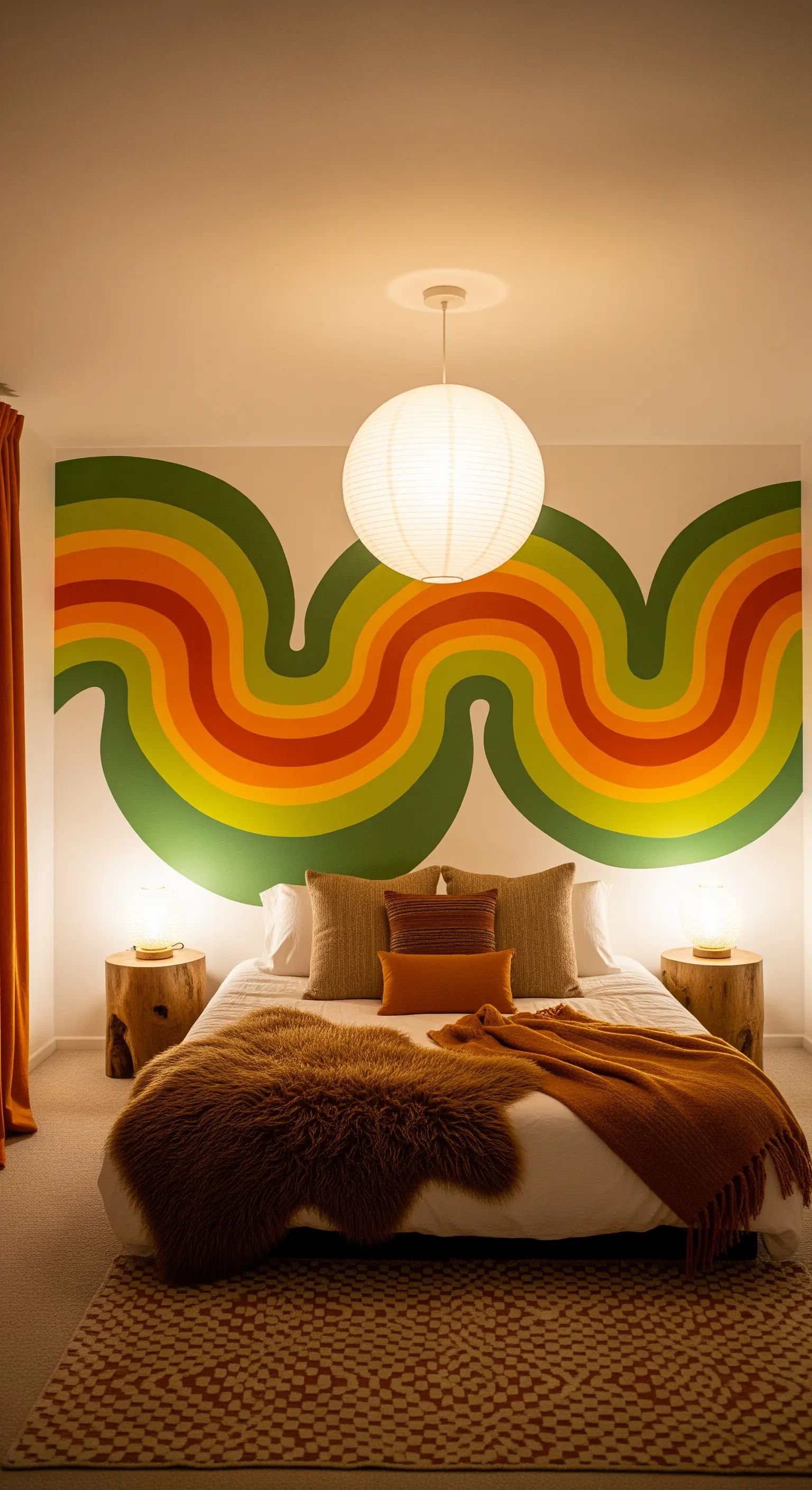 Camera da letto in stile anni '70 con un murale a onde arancioni, verdi e marroni.