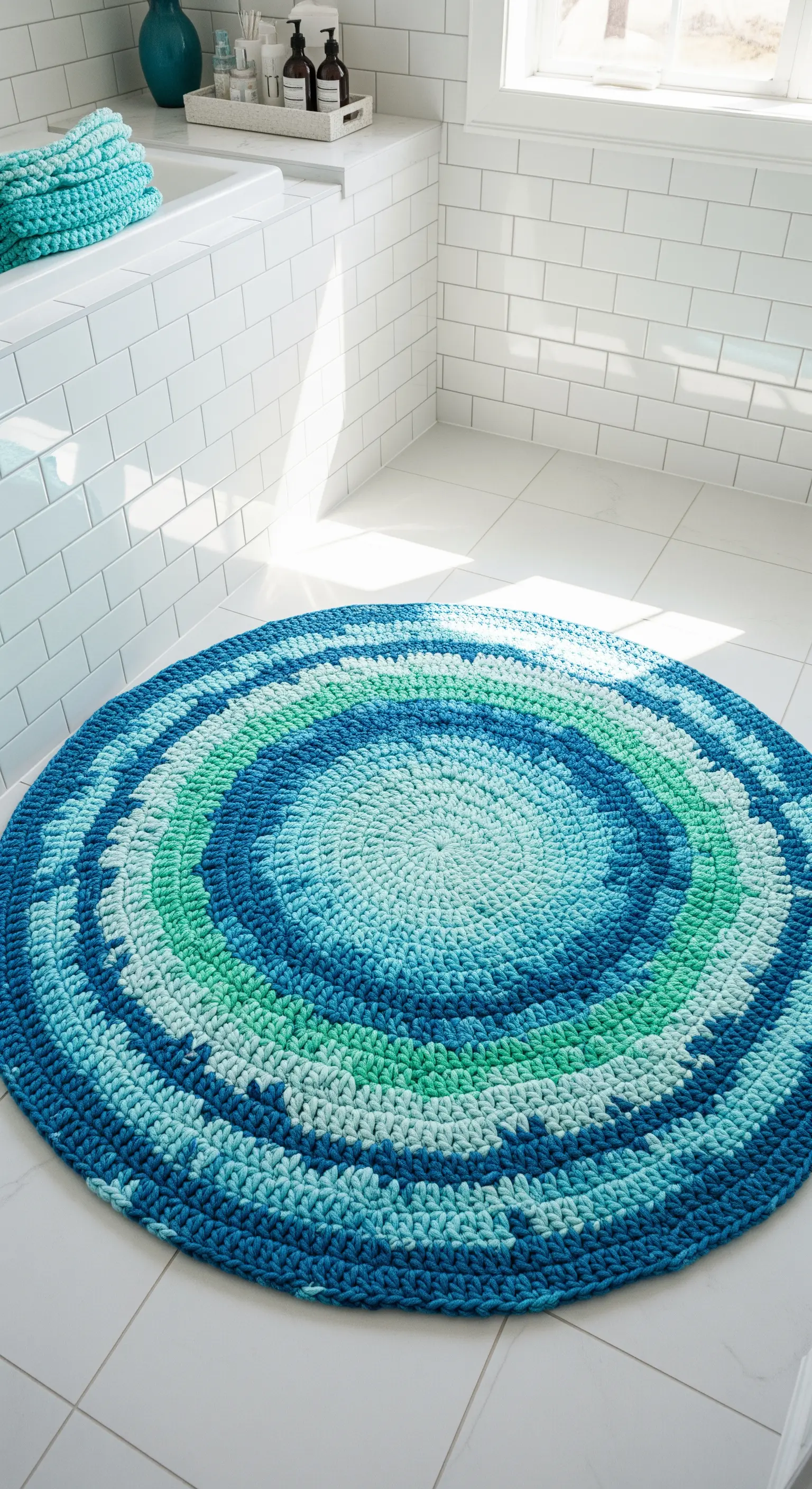Tappeto da bagno tondo lavorato all'uncinetto con sfumature di blu e verde su pavimento di piastrelle bianche