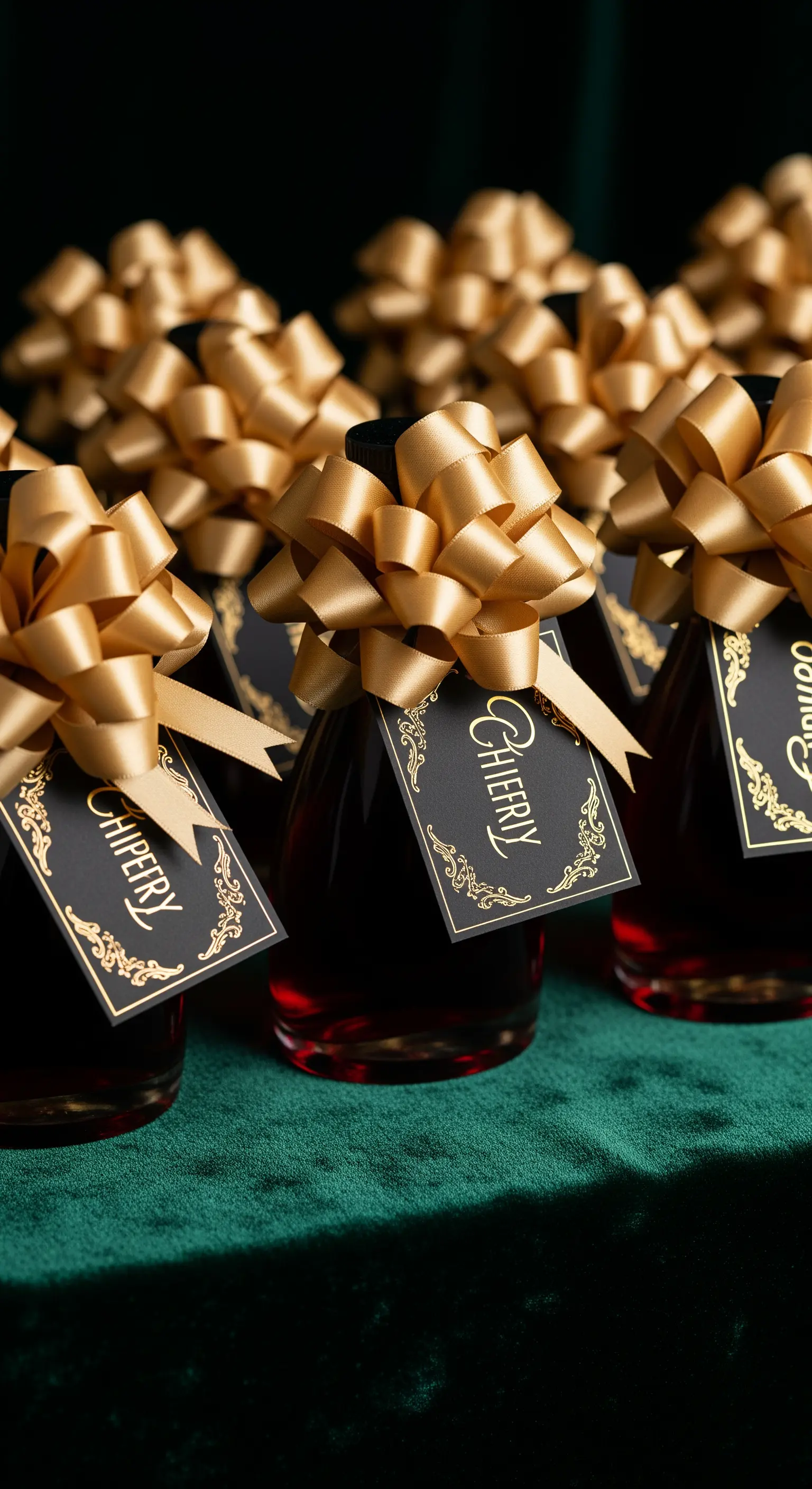 Bottiglie di liquore scuro con grandi fiocchi dorati a coccarda e tag neri con scritte oro.