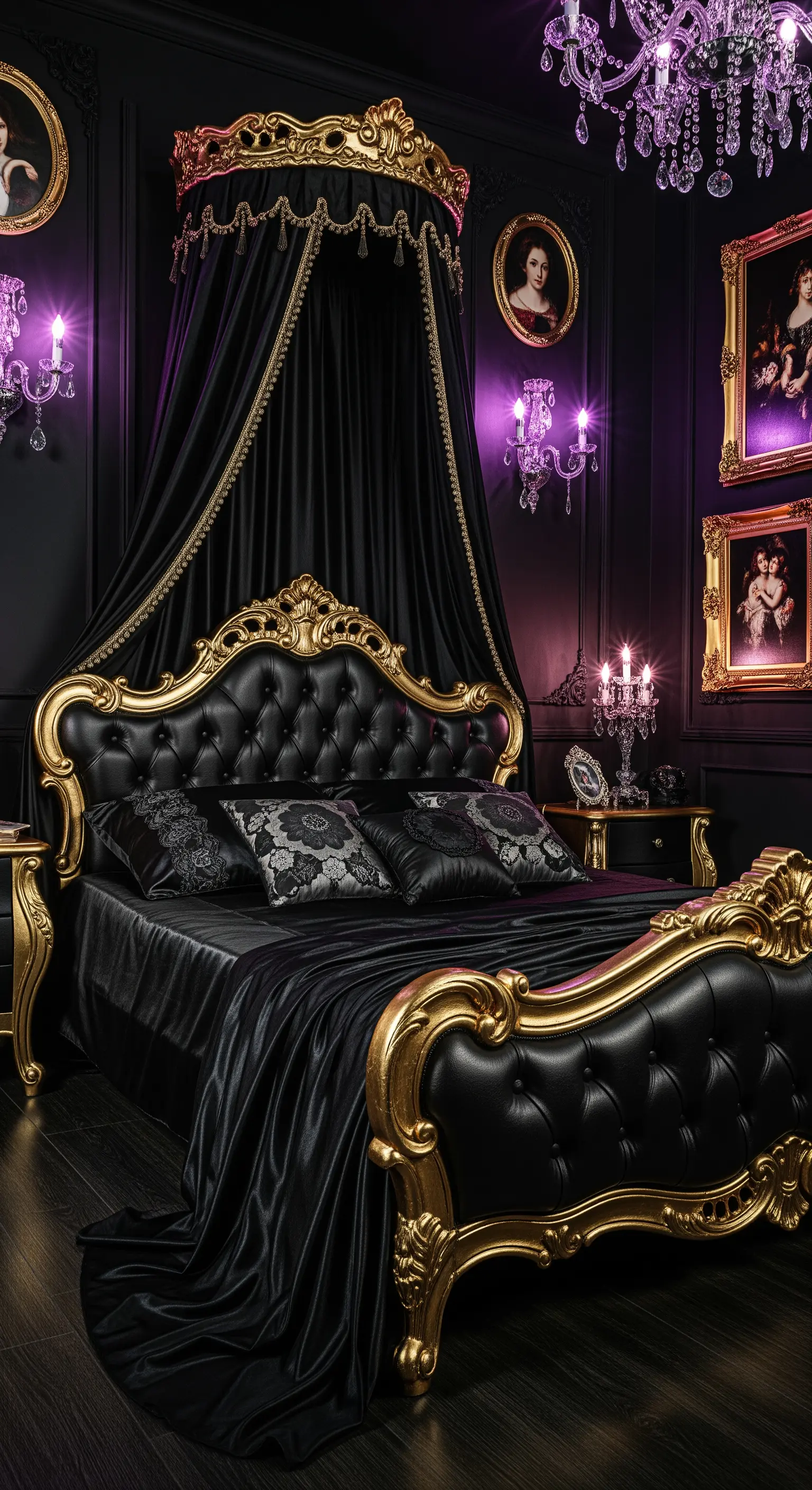 Letto barocco nero e oro in una stanza sontuosa con illuminazione viola e lampadari di cristallo.