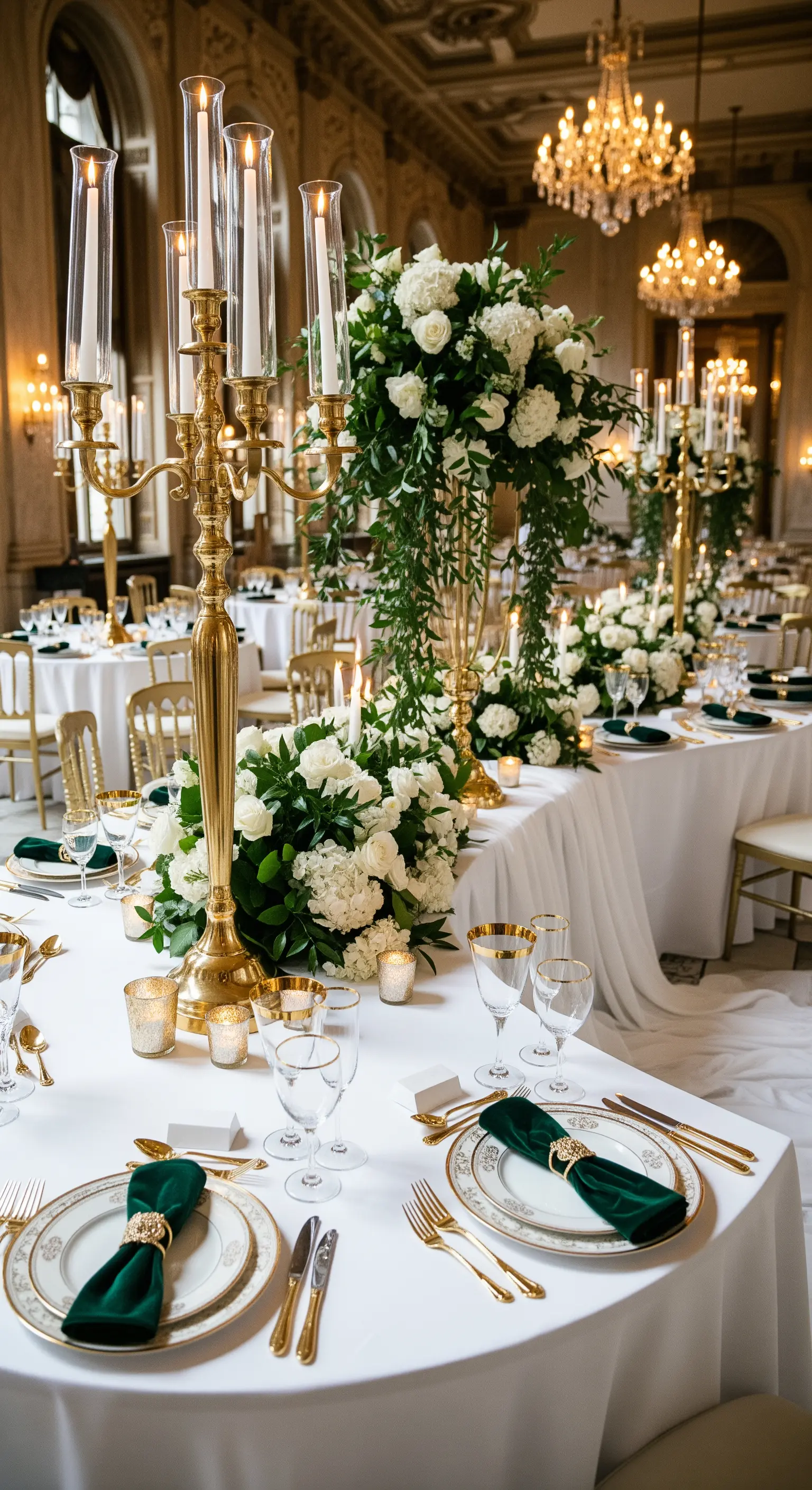 Tavola da matrimonio in una sala sfarzosa con alti centrotavola floreali e dettagli verde smeraldo.