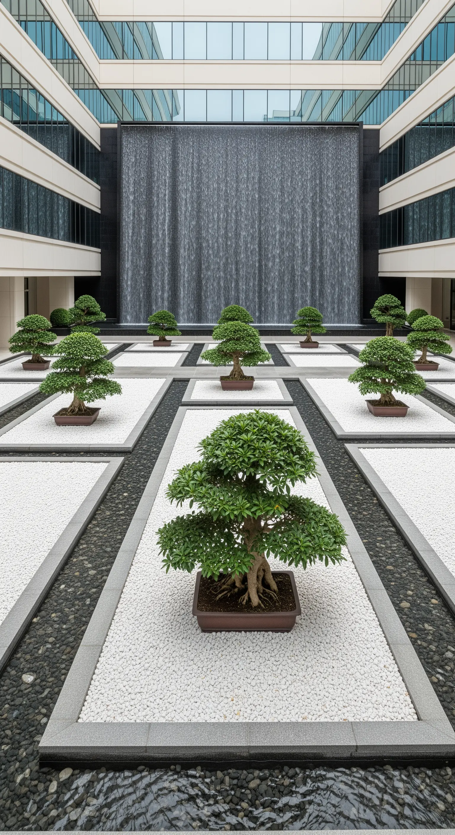 Grande cortile con aiuole quadrate di ghiaia bianca, bonsai e canali d'acqua