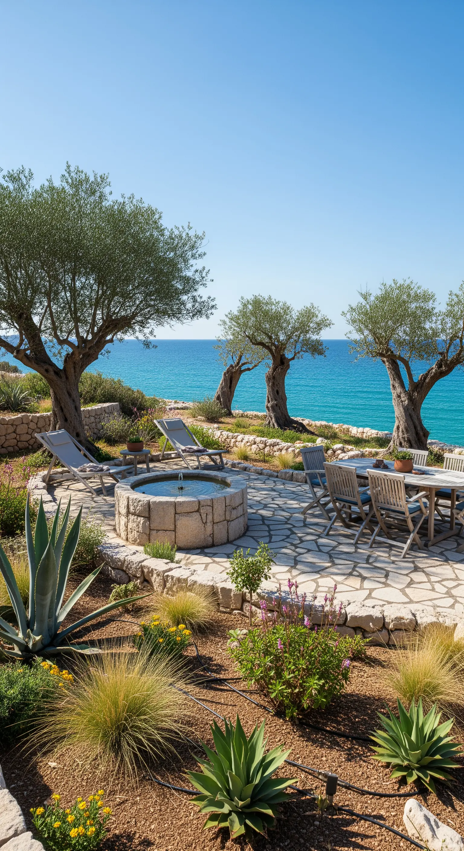 Terrazza vista mare con ulivi, agave e una pavimentazione in pietra a spacco irregolare.