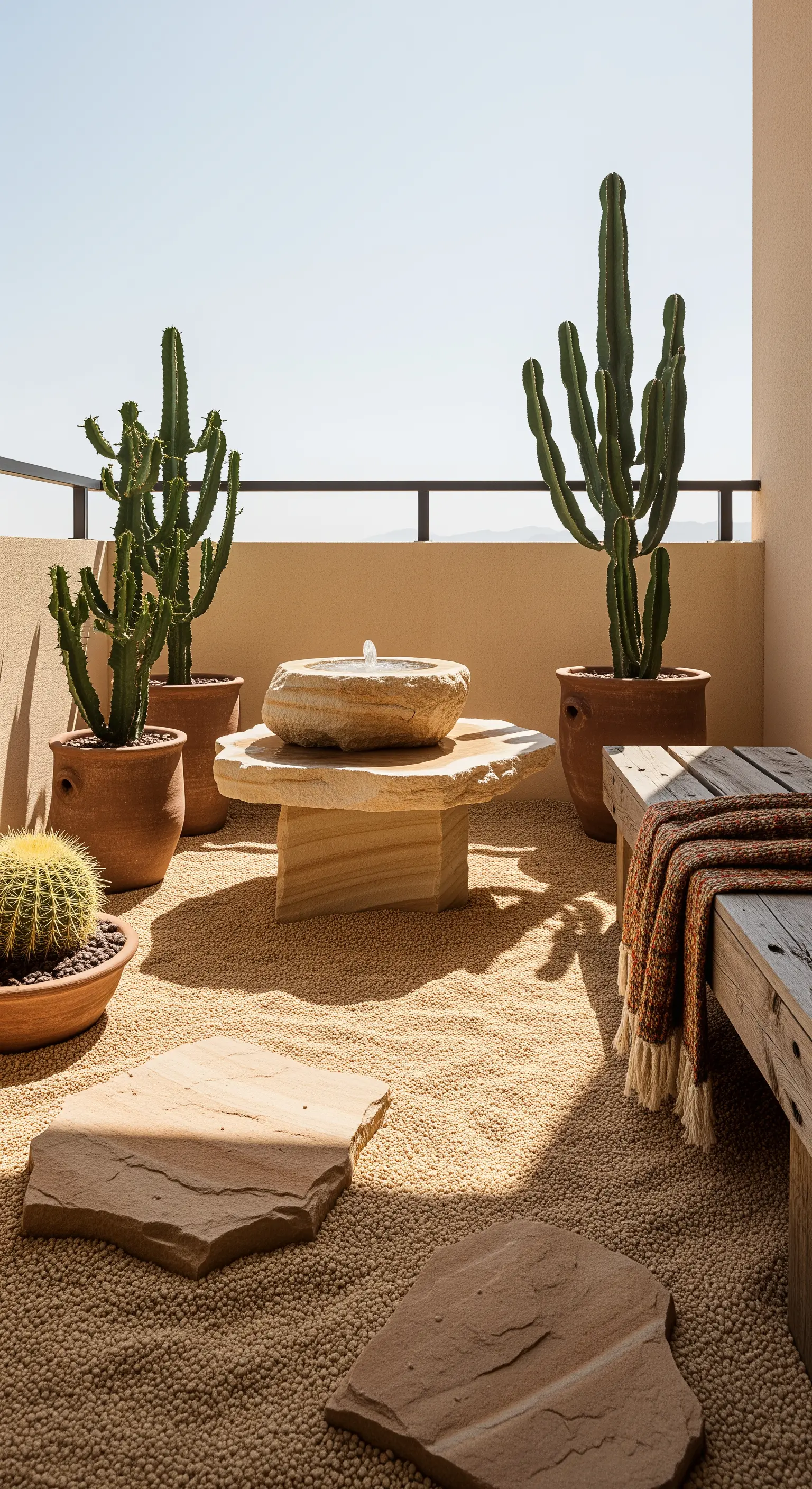 Balcone in stile desertico con pavimento in ghiaia, cactus e una fontana in arenaria.