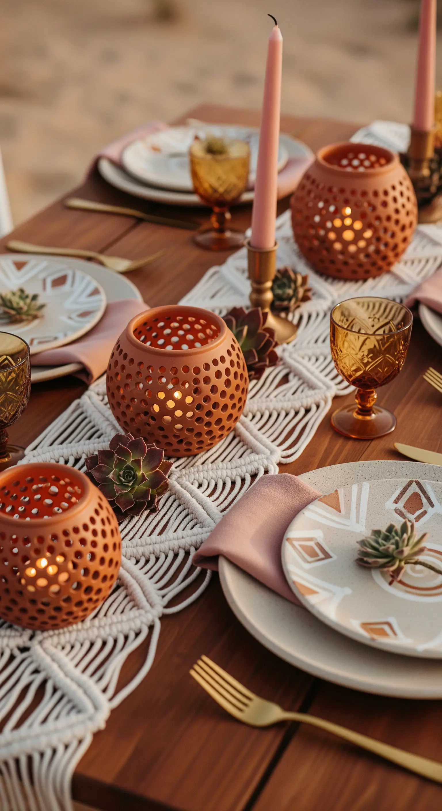 Tavola boho con runner in macramè, lanterne in terracotta e succulente come decorazione.
