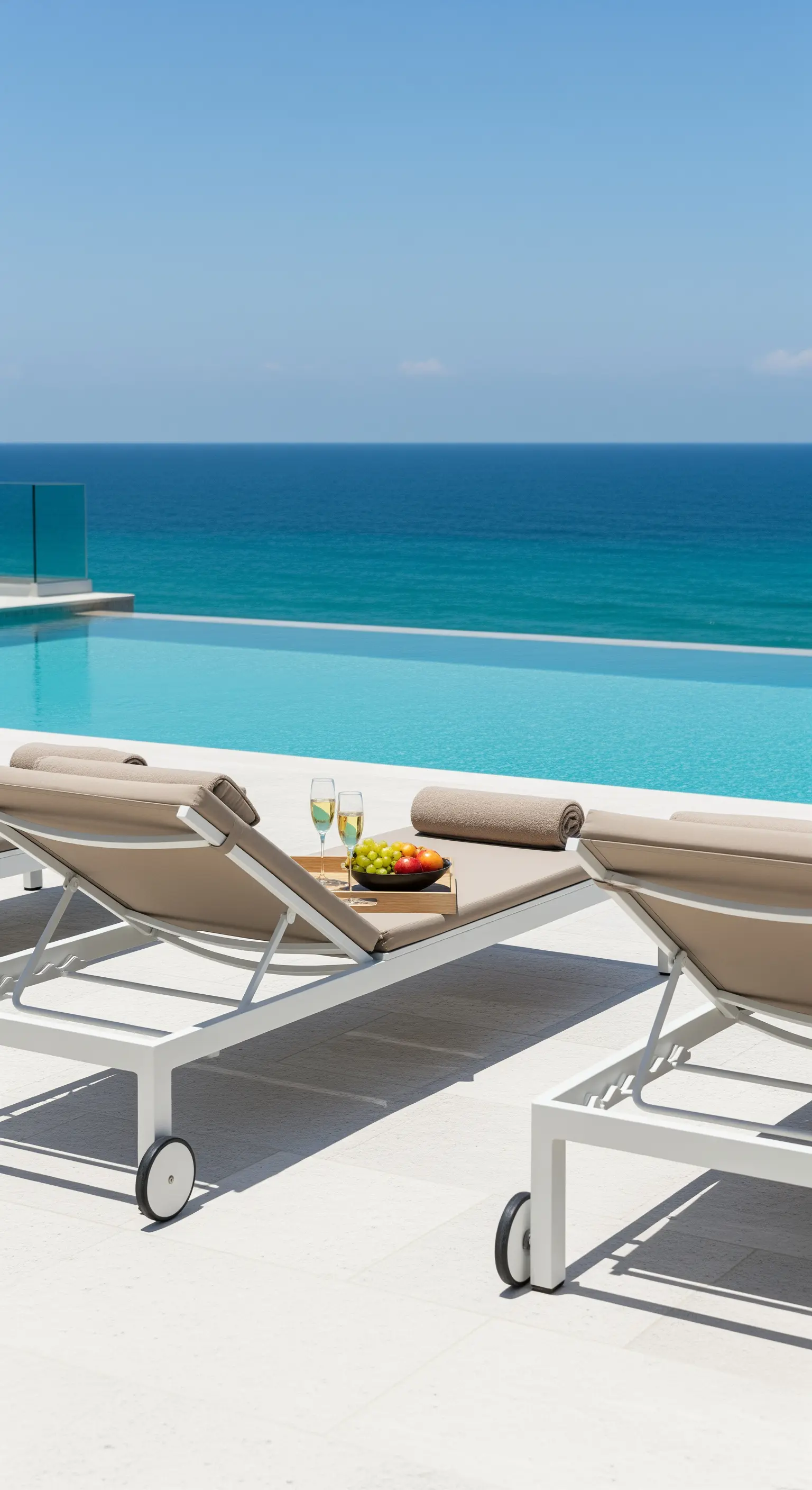 Due lettini minimalisti color sabbia a bordo di una piscina a sfioro con vista sul mare.