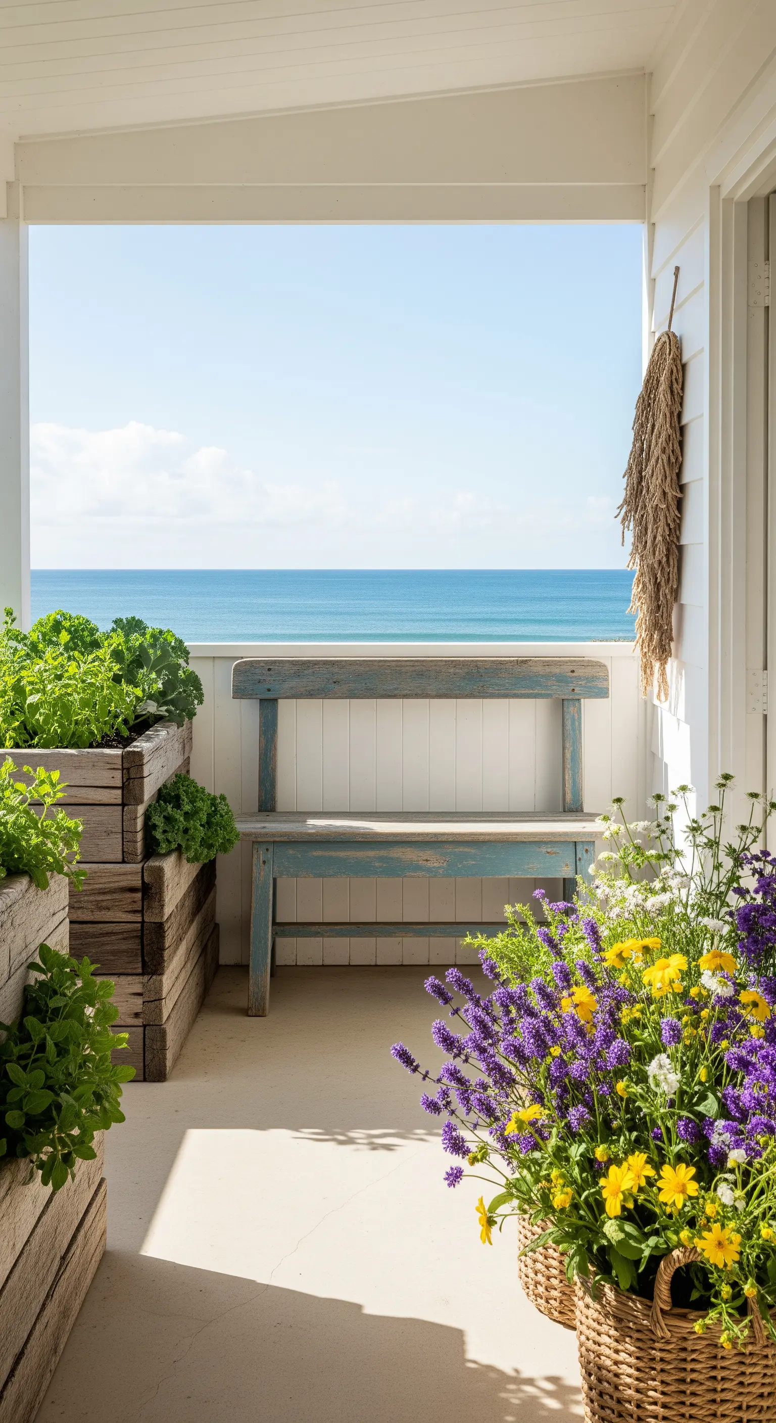Veranda con vista mare, panca azzurra e ceste di fiori di campo come lavanda e margherite.