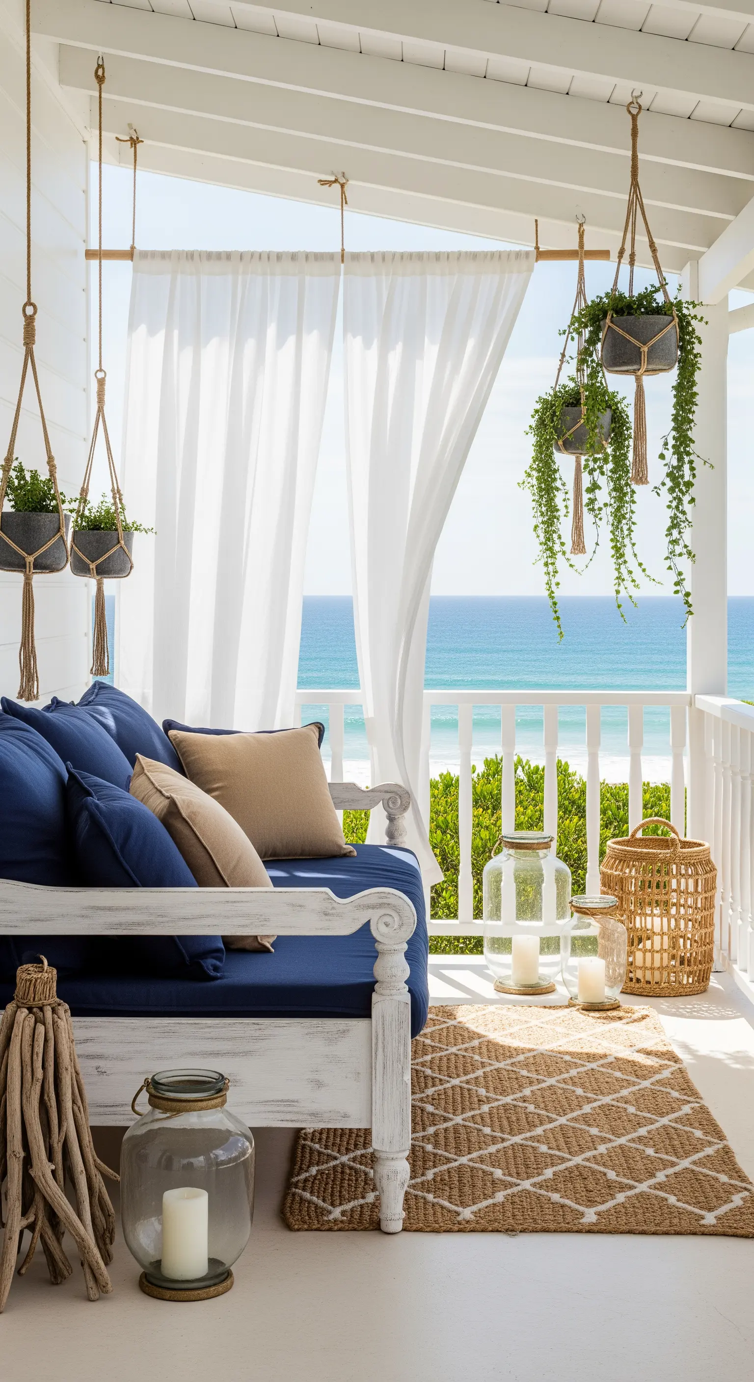 Portico vista mare con divano bianco, cuscini blu, tende leggere e piante sospese in macramè.
