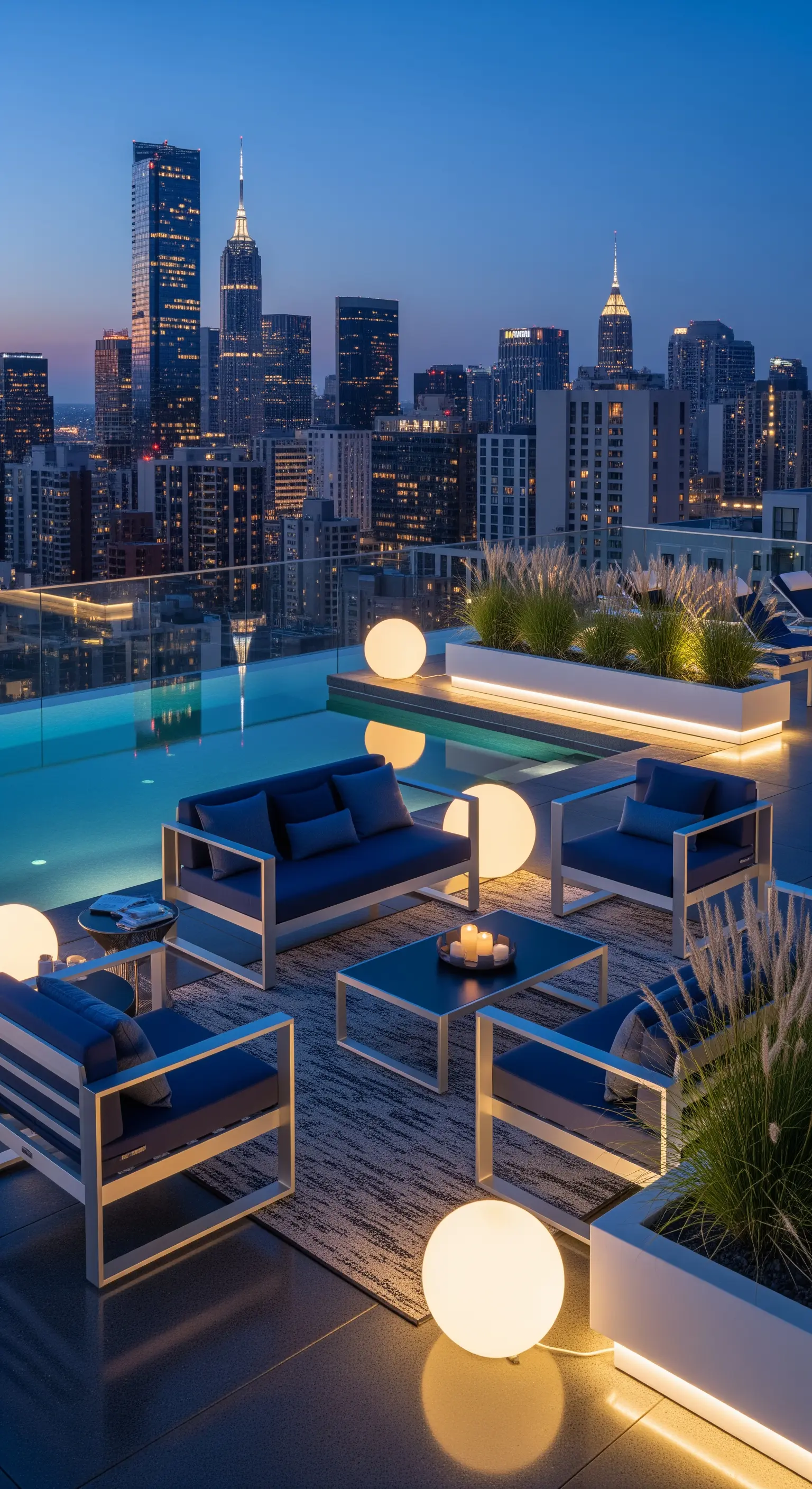 Terrazza panoramica con piscina, divani blu e lampade sferiche luminose con vista sulla città.