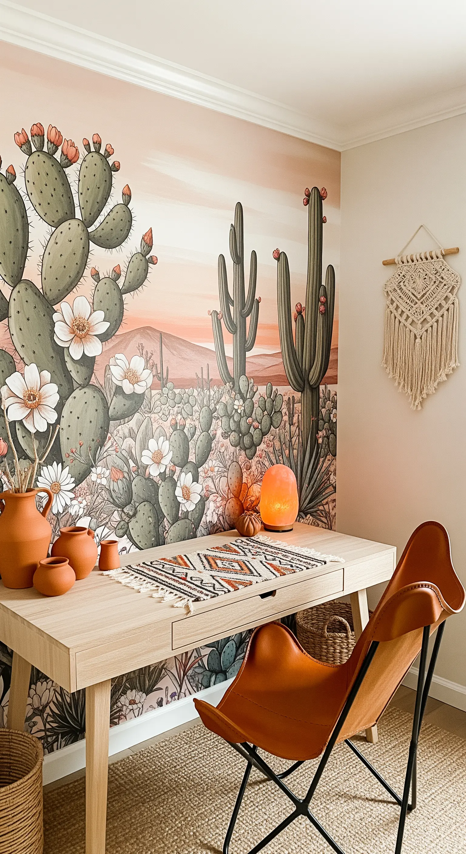 Scrivania in legno chiaro con sedia in pelle e vasi in terracotta, davanti a un murale a tema deserto.