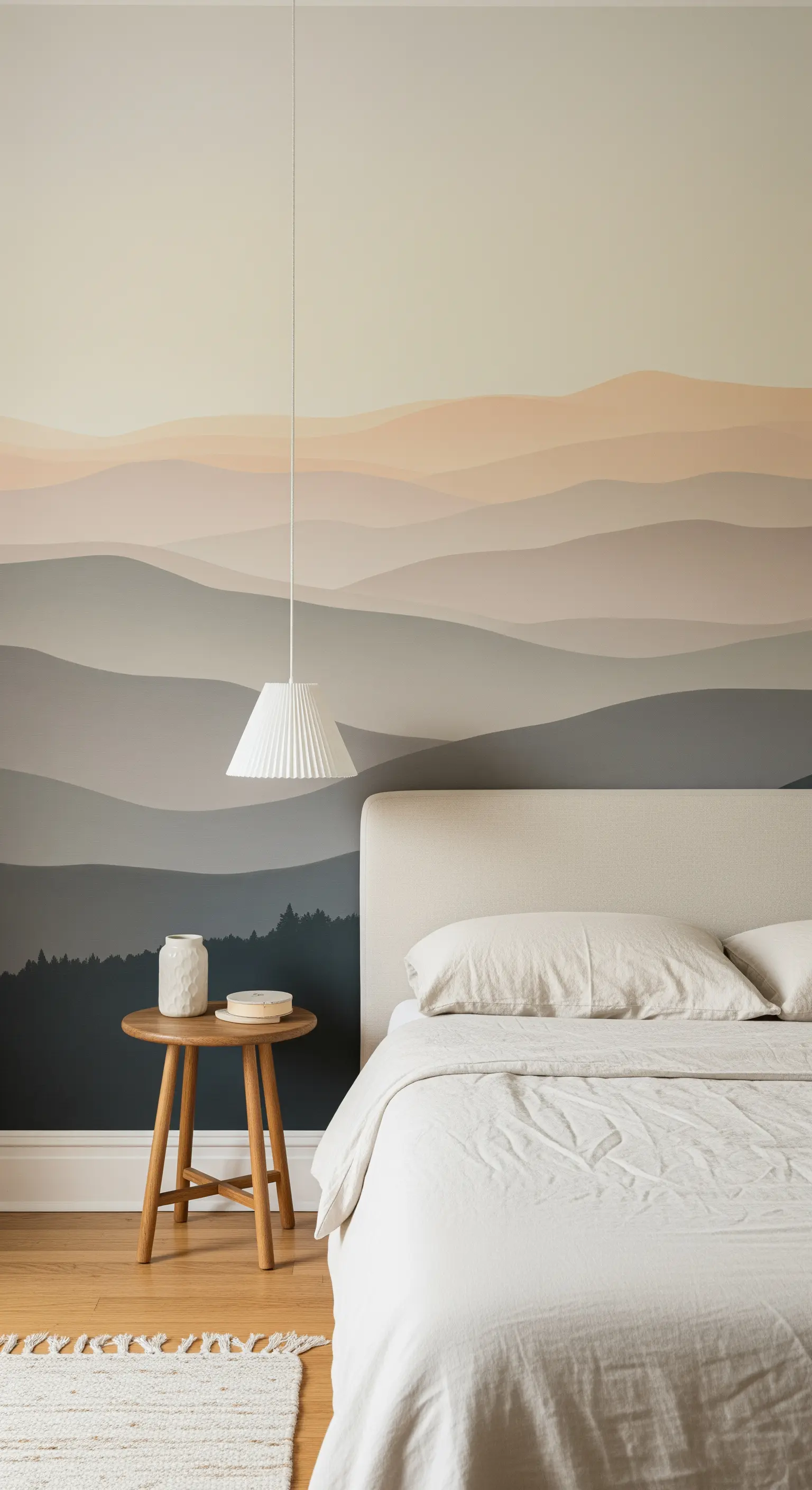 Camera da letto serena con murale di colline sfumate nei toni del beige e del grigio.