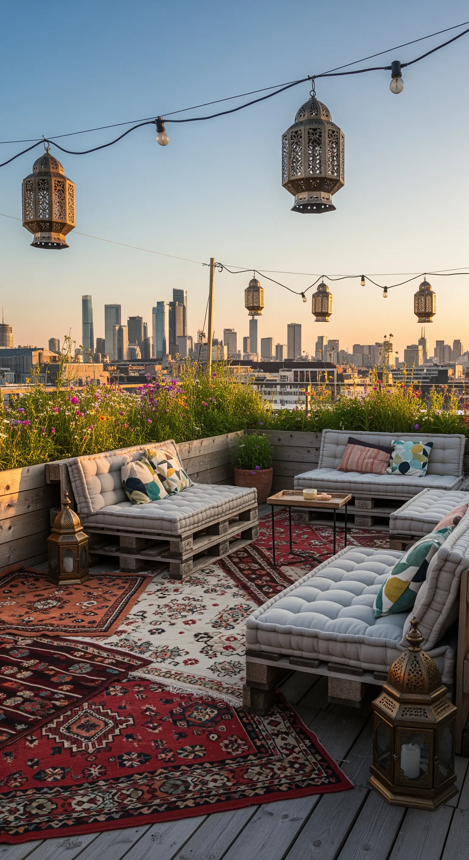 Rooftop con divani in pallet, tappeti persiani stratificati e lanterne, con vista sulla città.