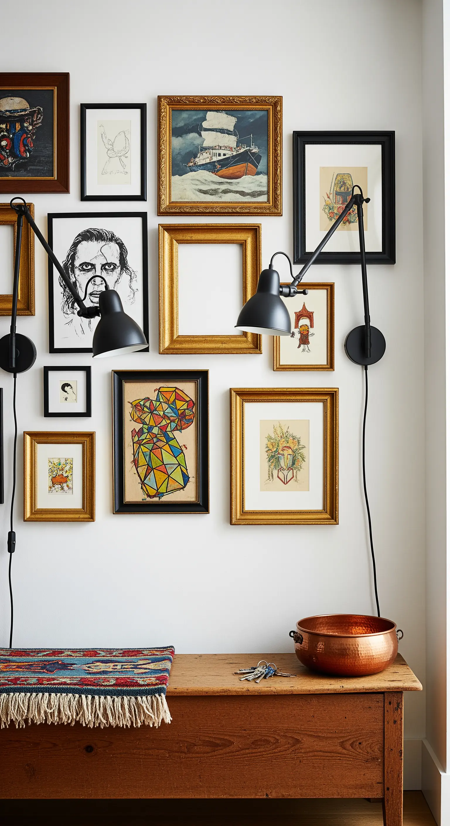 Gallery wall con cornici dorate e nere, lampade da parete e una ciotola in rame.