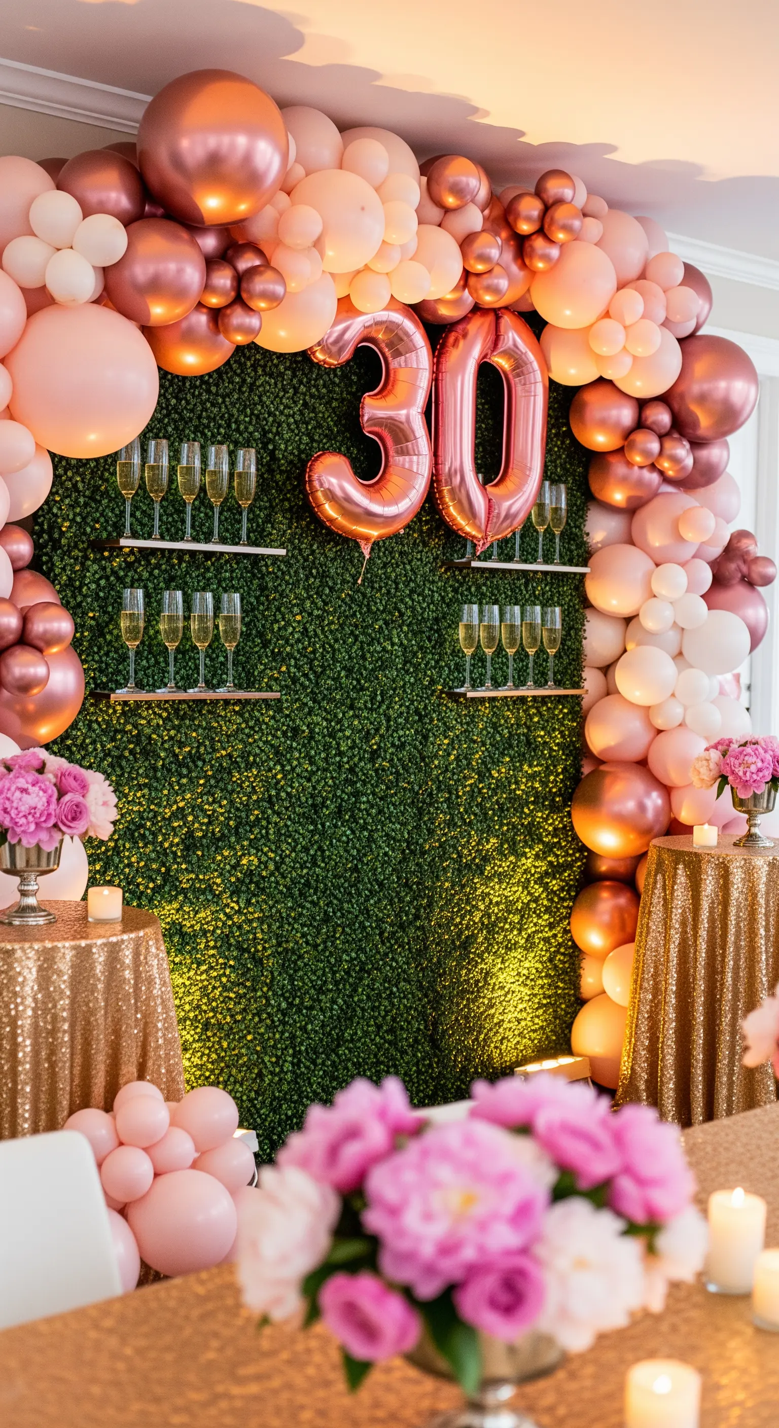 Champagne wall con sfondo verde, palloncini oro rosa e numero 30 per un compleanno.