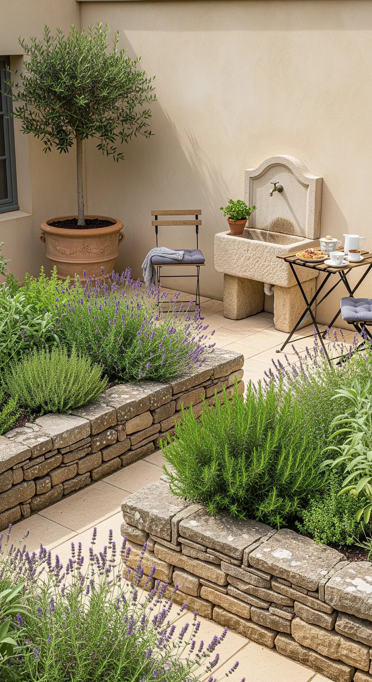 Piccolo patio con aiuole rialzate in pietra piene di lavanda, rosmarino e un ulivo.
