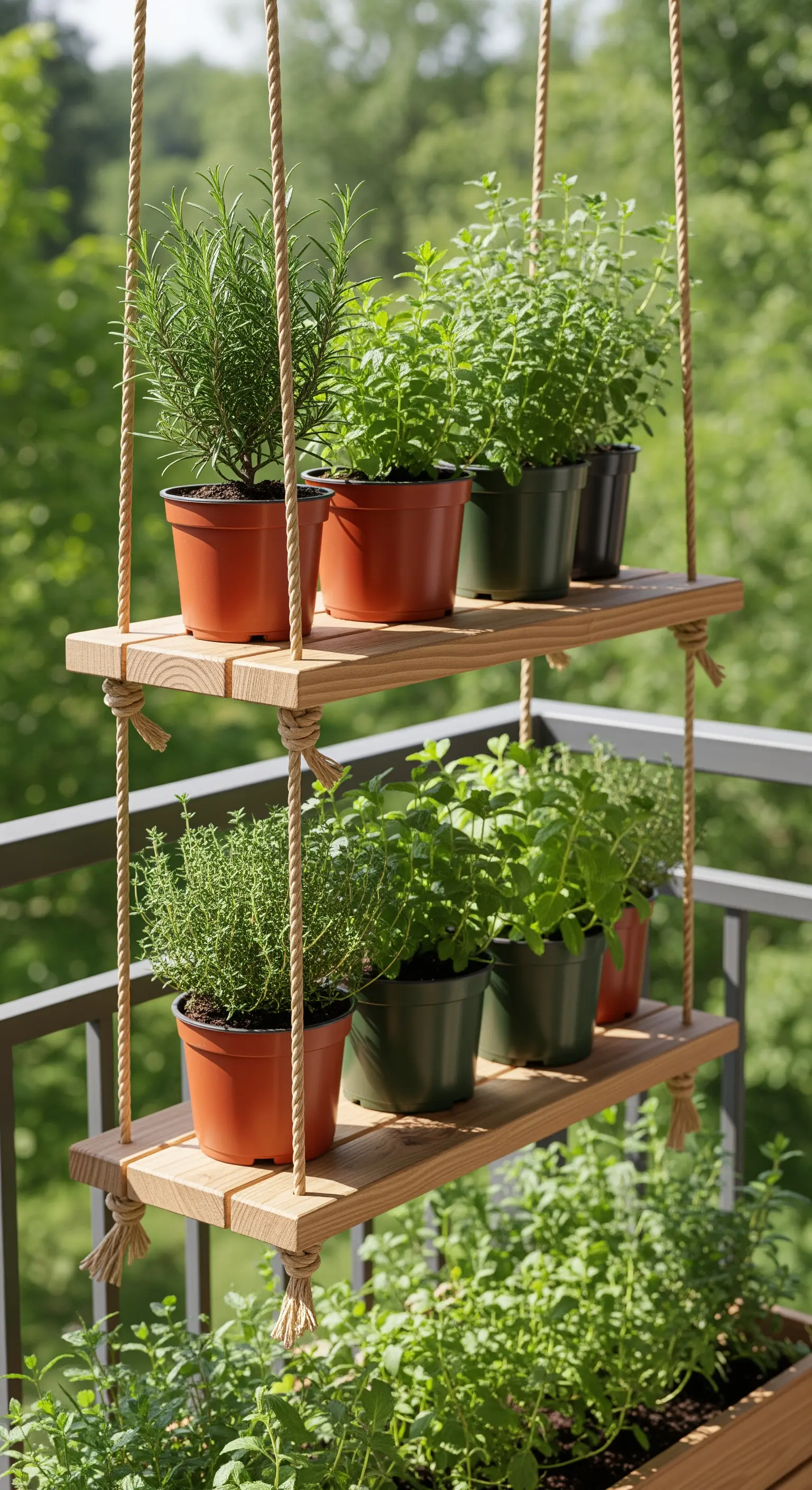 Mensola sospesa a due livelli con vasi di erbe aromatiche su un balcone.