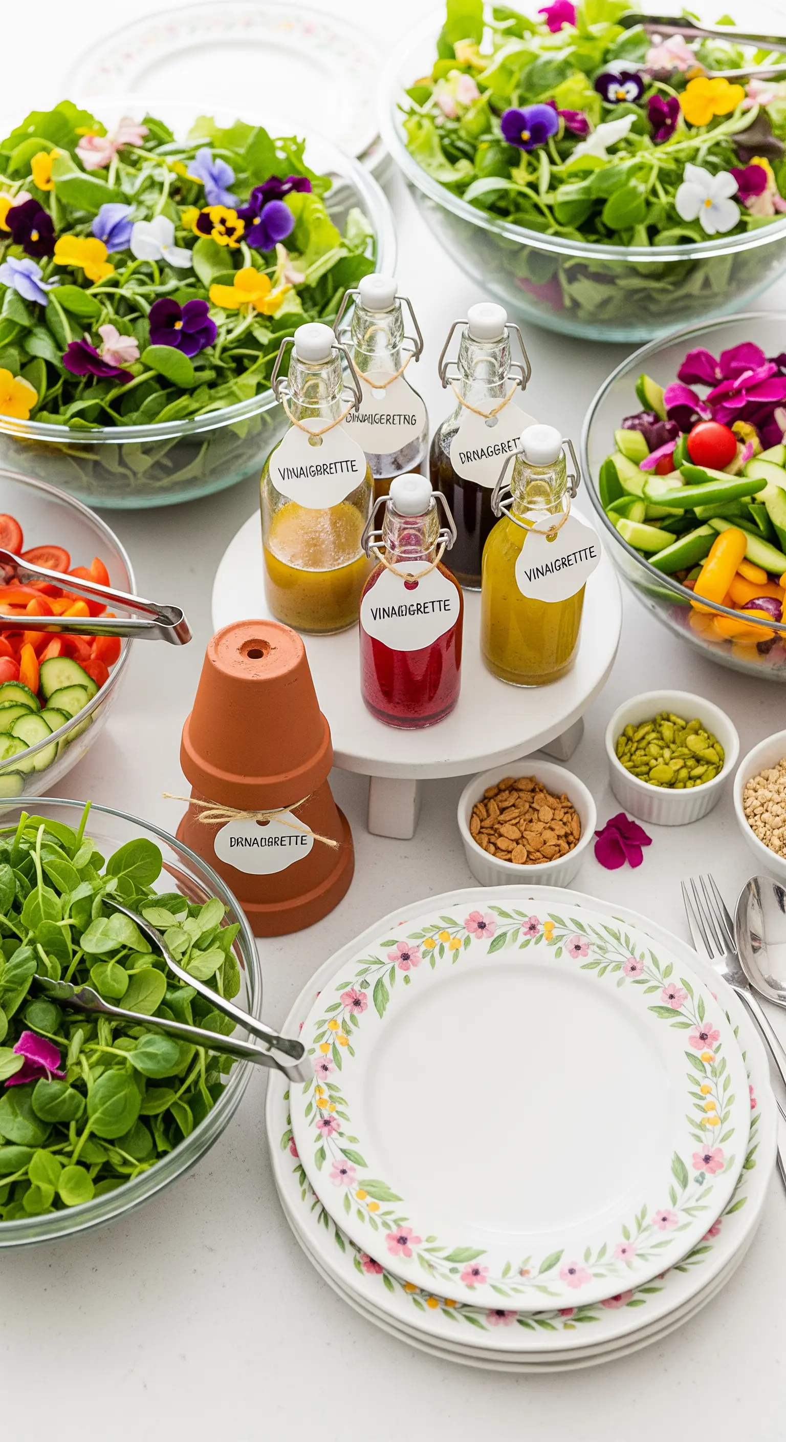Salad bar con insalate decorate con fiori eduli e condimenti in piccole bottiglie di vetro.
