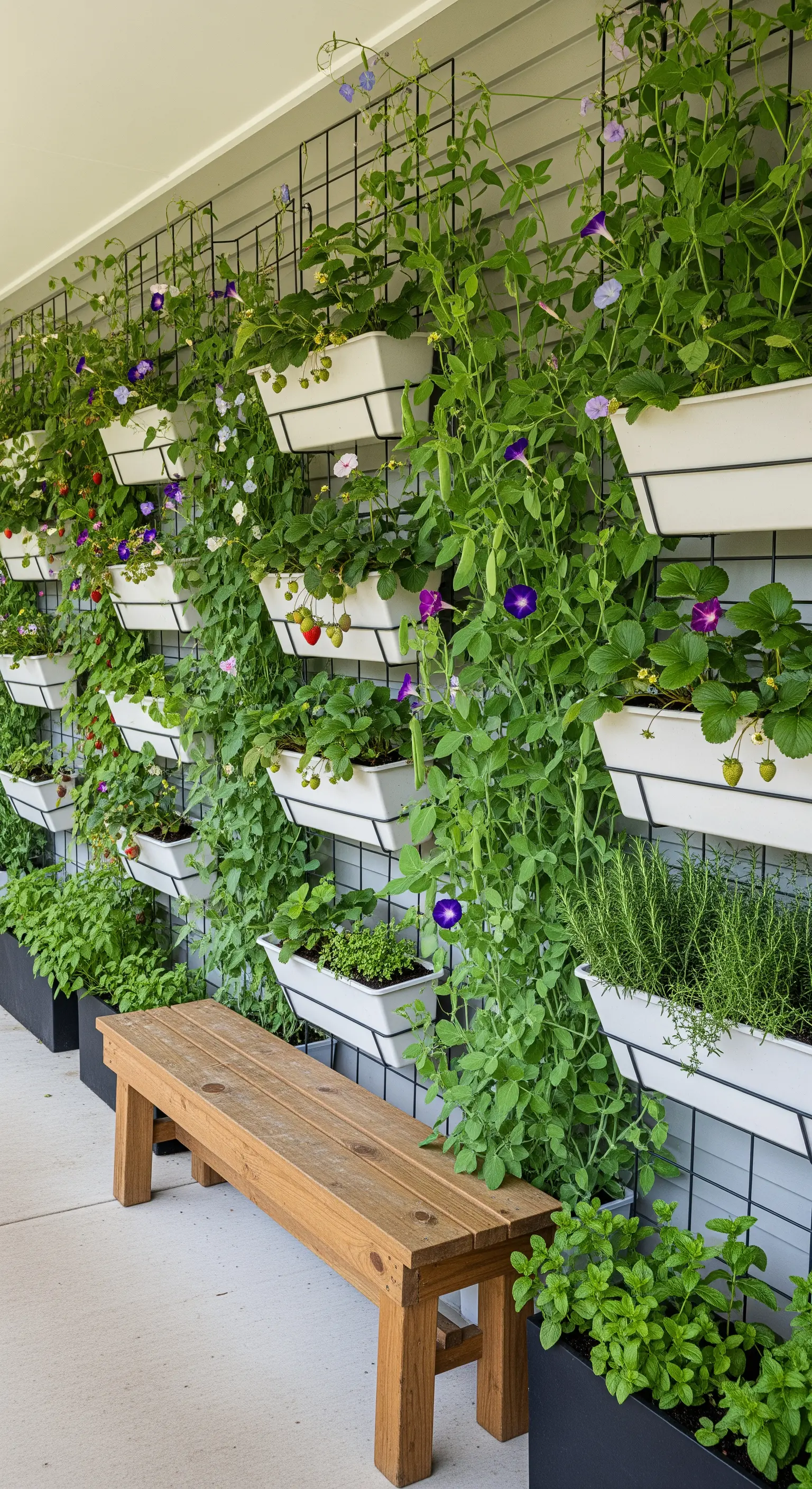 Giardino verticale con fioriere bianche su una griglia metallica e una panca in legno sottostante.