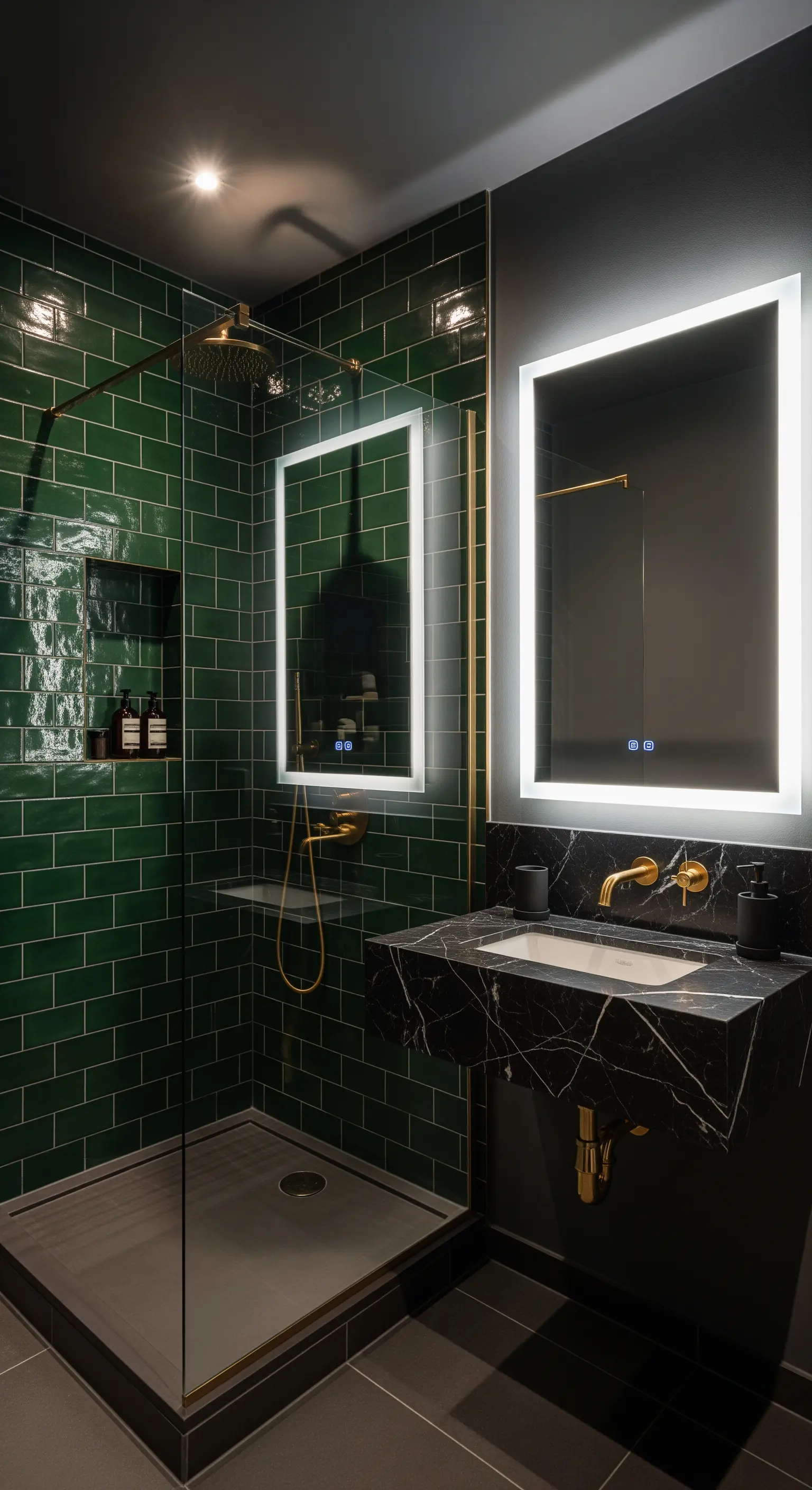 Bagno di lusso con piastrelle verde smeraldo, lavabo in marmo nero e dettagli dorati.