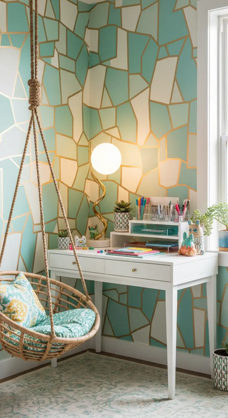 Angolo studio con carta da parati geometrica verde acqua e oro e una sedia sospesa in rattan.