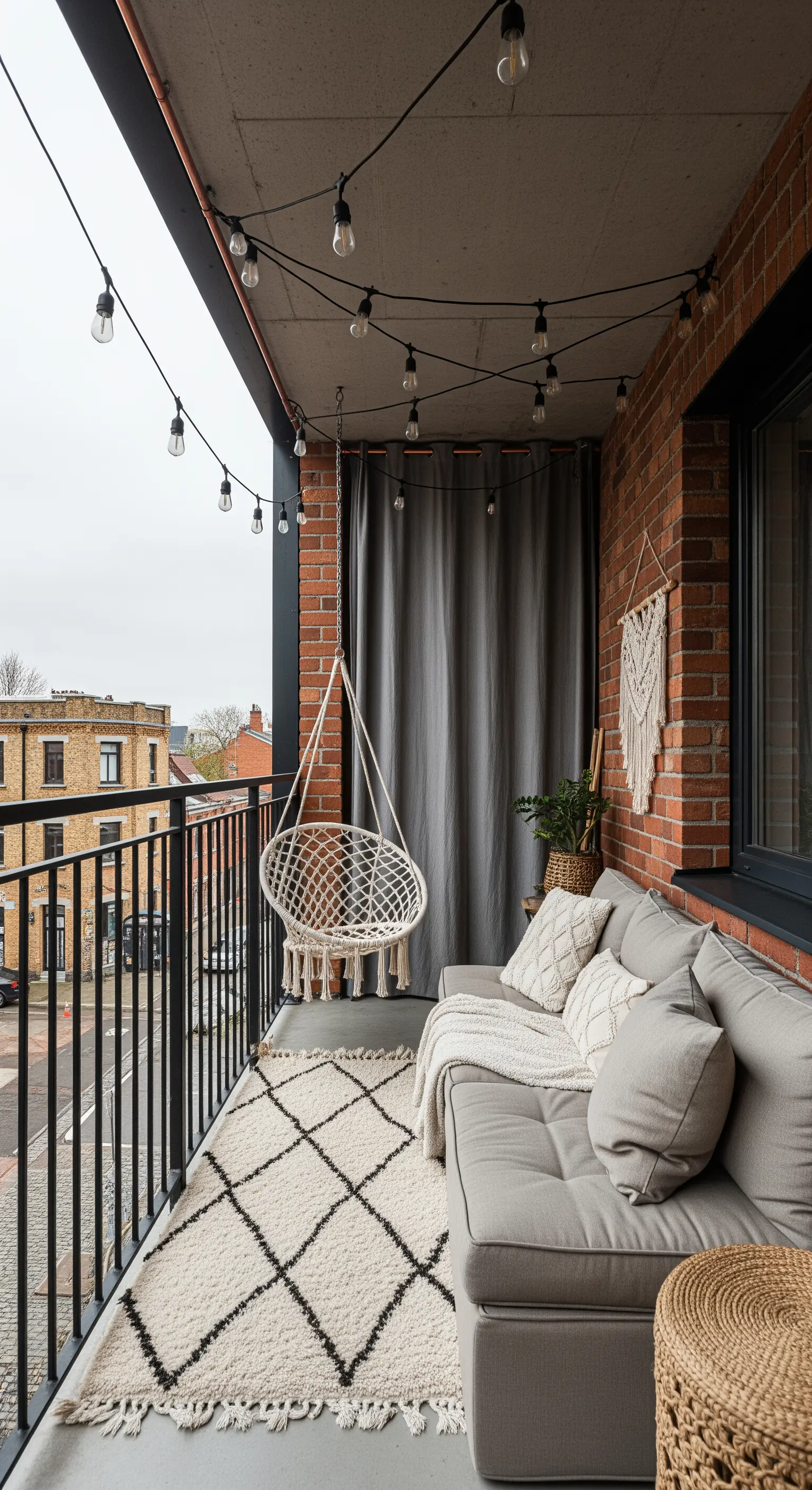 Balcone stretto con divano grigio, poltrona sospesa, tappeto berbero e una tenda scura