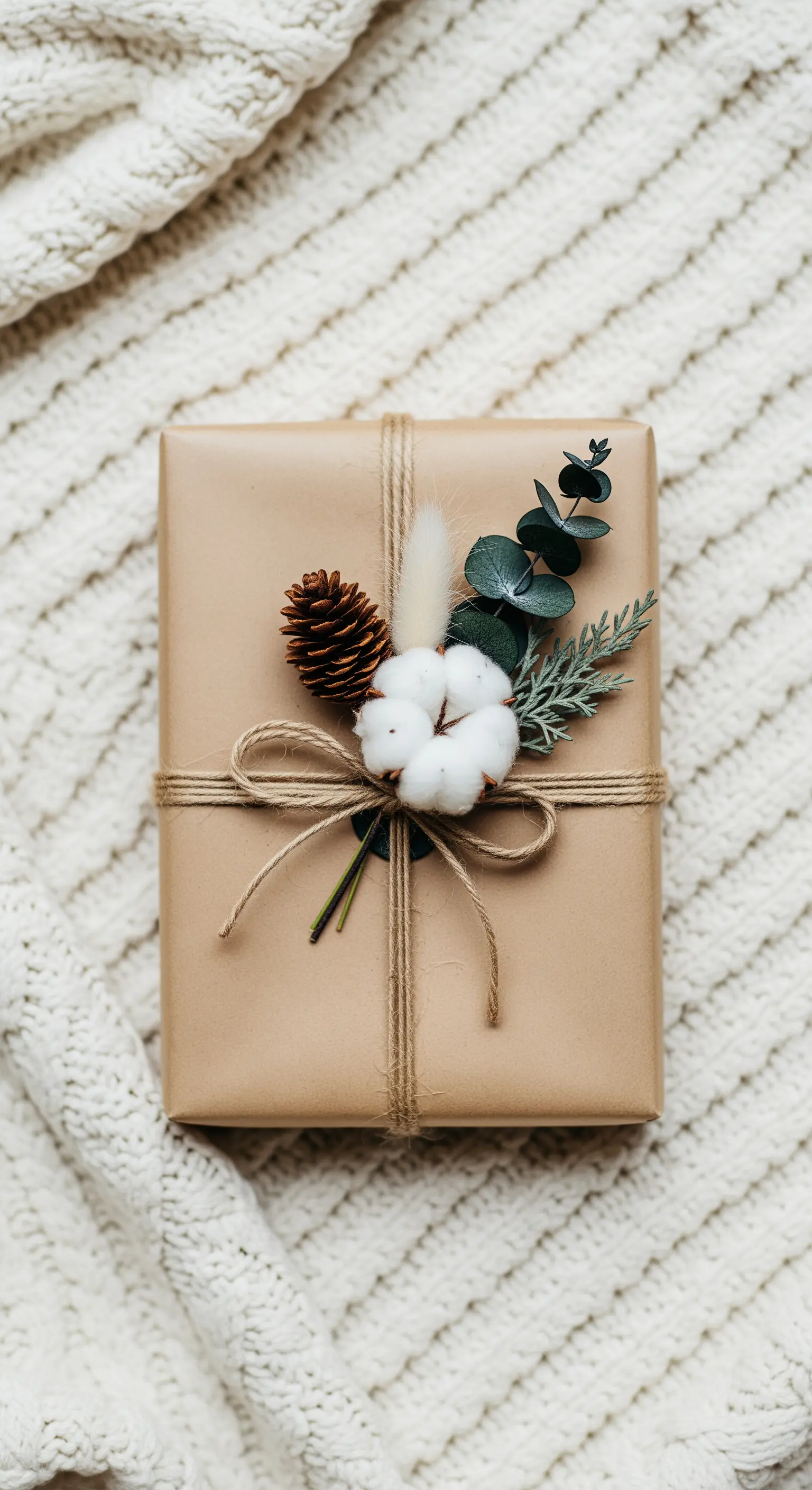 Pacco regalo avvolto in carta kraft e spago, decorato con un bouquet di fiori di cotone e pigne.