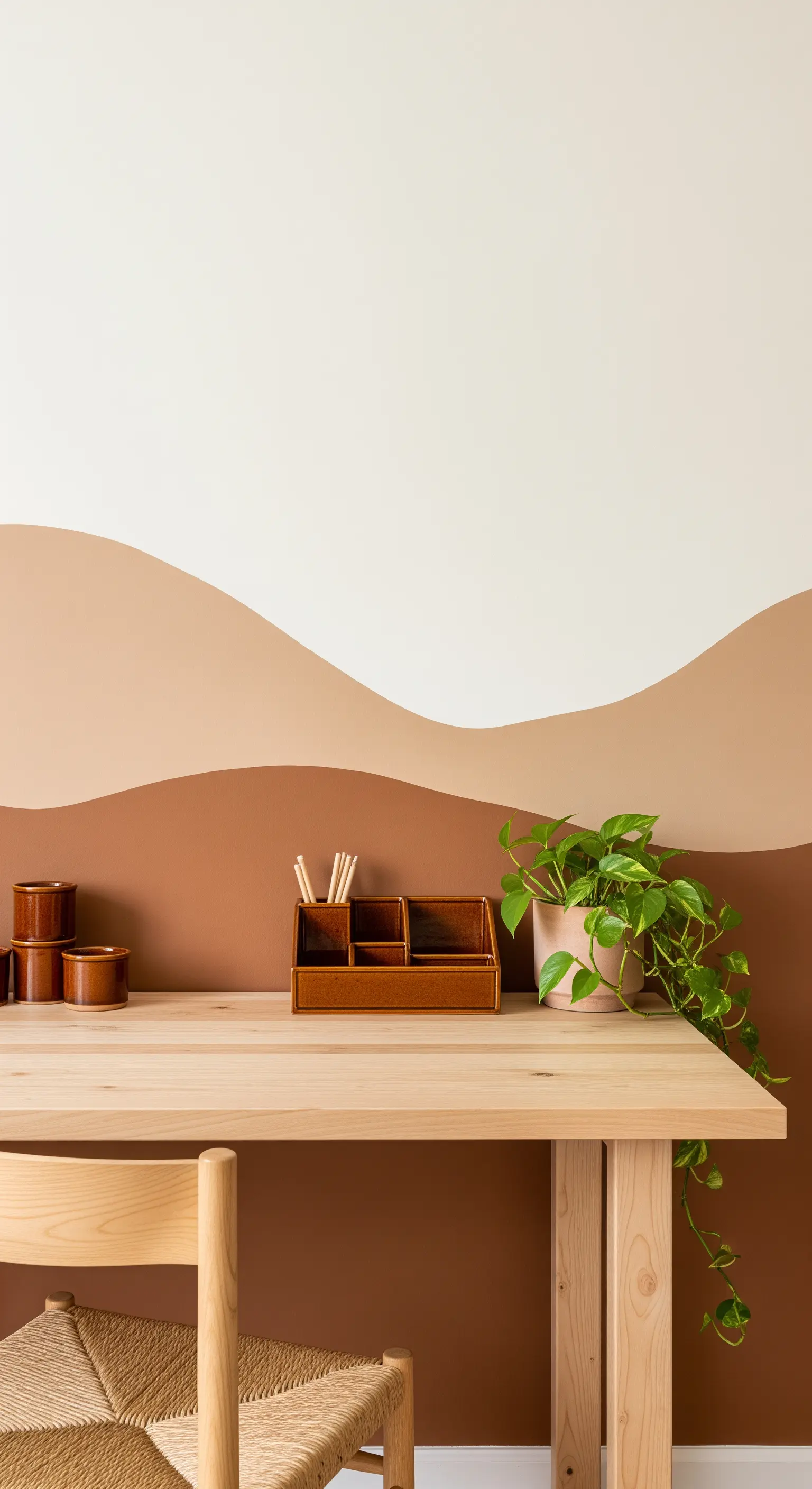 Scrivania in legno davanti a una parete dipinta con onde sovrapposte in tonalità della terra.