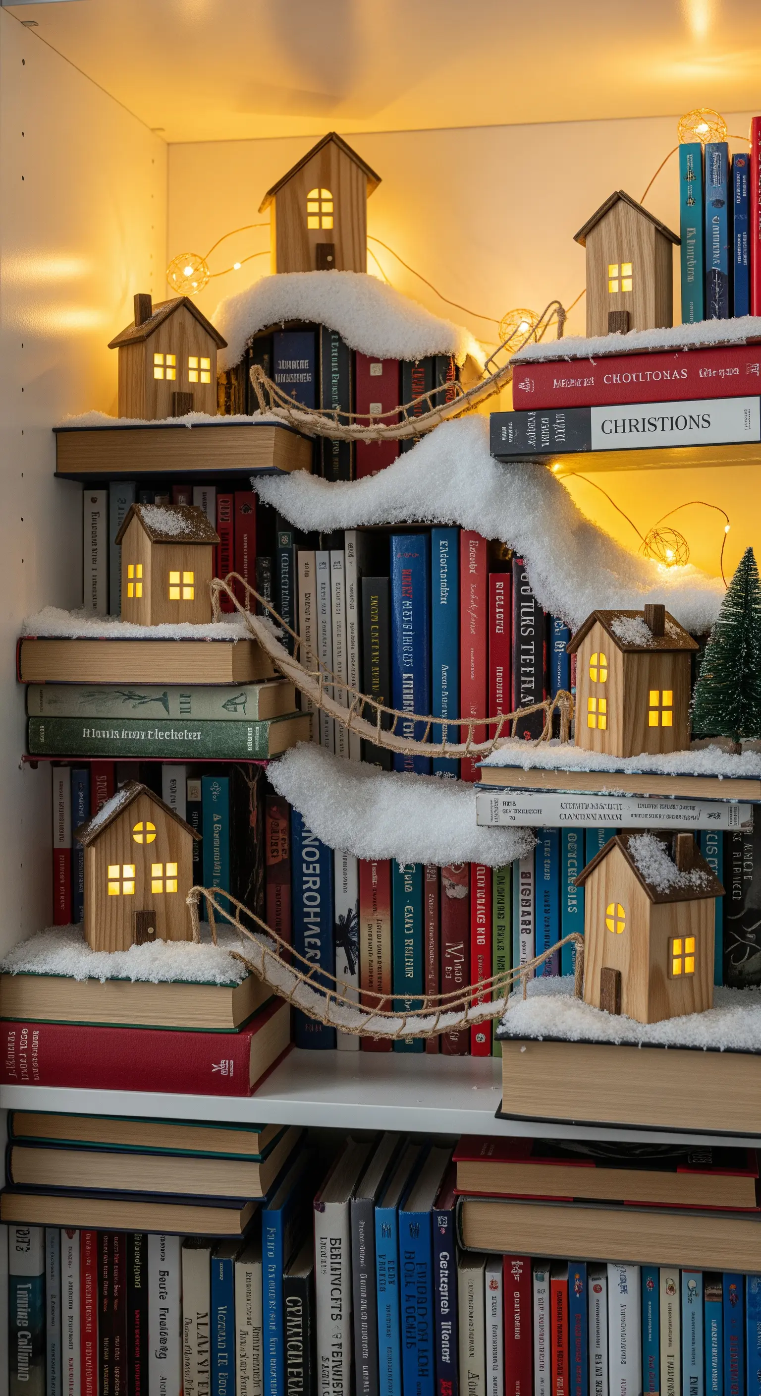 Villaggio natalizio creativo allestito tra i libri di una libreria, con ponti sospesi.